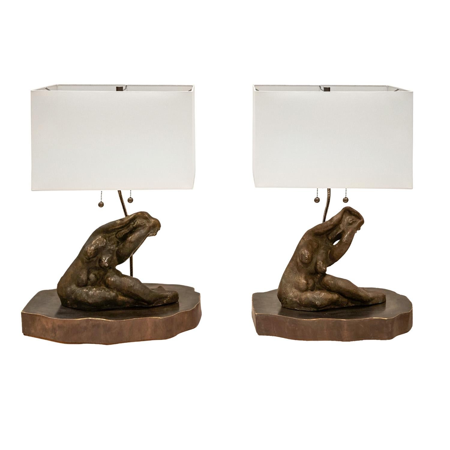 Pair of one-of-a-kind Galatea Table Lamps in bronze on patinated bronze bases, by Philip and Kelvin LaVerne, American 1970's (signed “P.K. LaVerne” on back of each base, as well as “Philip Kelvin LaVerne” on one of the sculptures’ legs).  The female