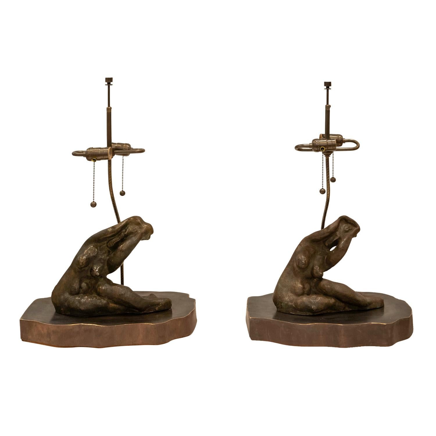 Mid-Century Modern Philip and Kelvin LaVerne Pair of Bronze Galatea Table Lamps 1970s (Signed)