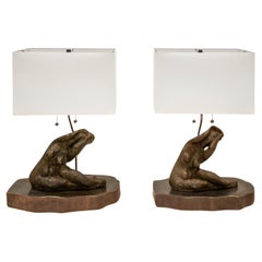 Philip and Kelvin LaVerne Pair of Bronze Galatea Table Lamps 1970s (Signed)
