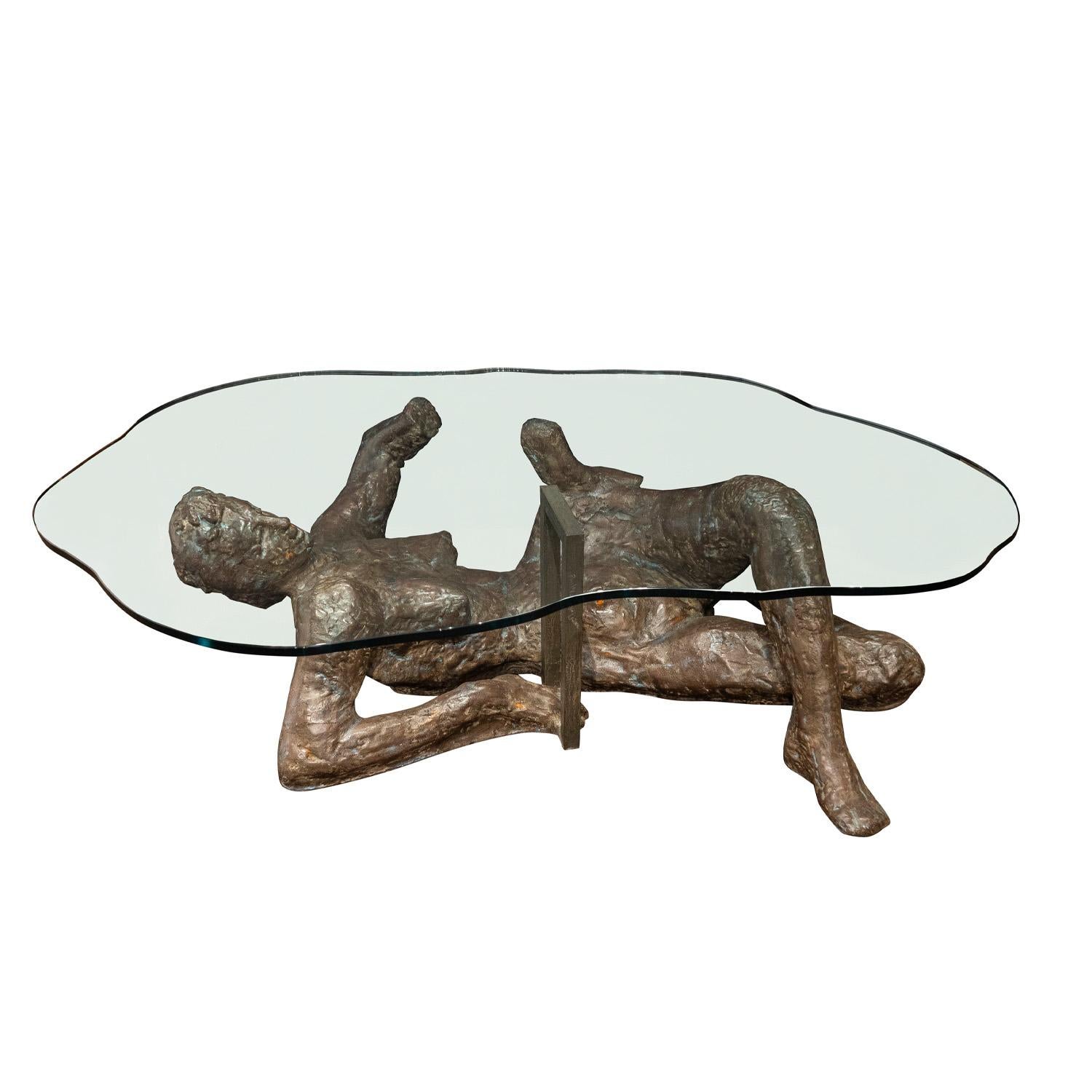 Extremely rare and important cast bronze “Me Too” coffee table, female figural sculpture with multicolor hand painted enamels with biomorphic glass top, by Philip and Kelvin LaVerne, American 1970's (Signed “Philip+Kelvin LaVerne” on supporting