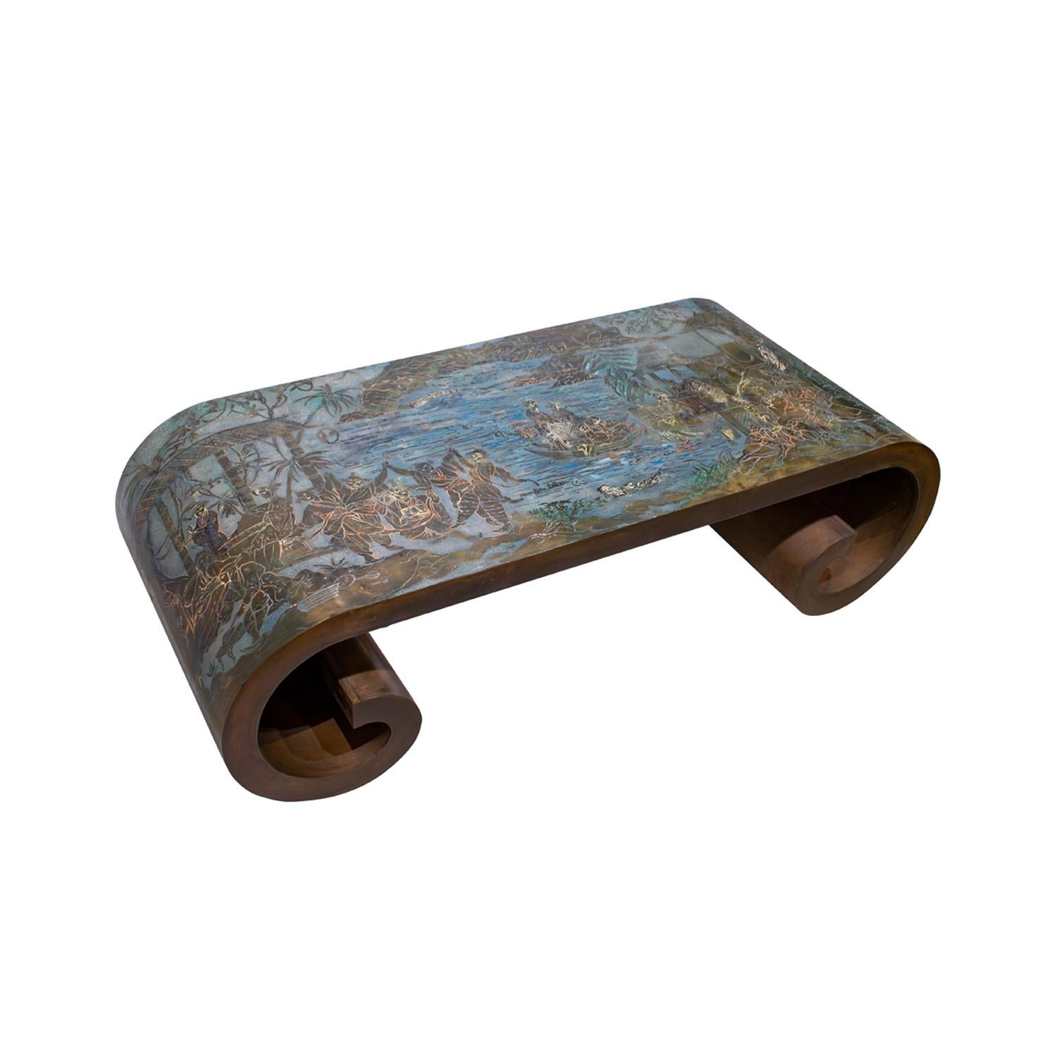 Unique “Chinese Dance” Scroll Coffee Table in patinated and engraved bronze and pewter with stunning hand-painted jewel tone enamels in blue and green with orange, red, gold and copper leaf highlights by Philip & Kelvin LaVerne, American 1960's