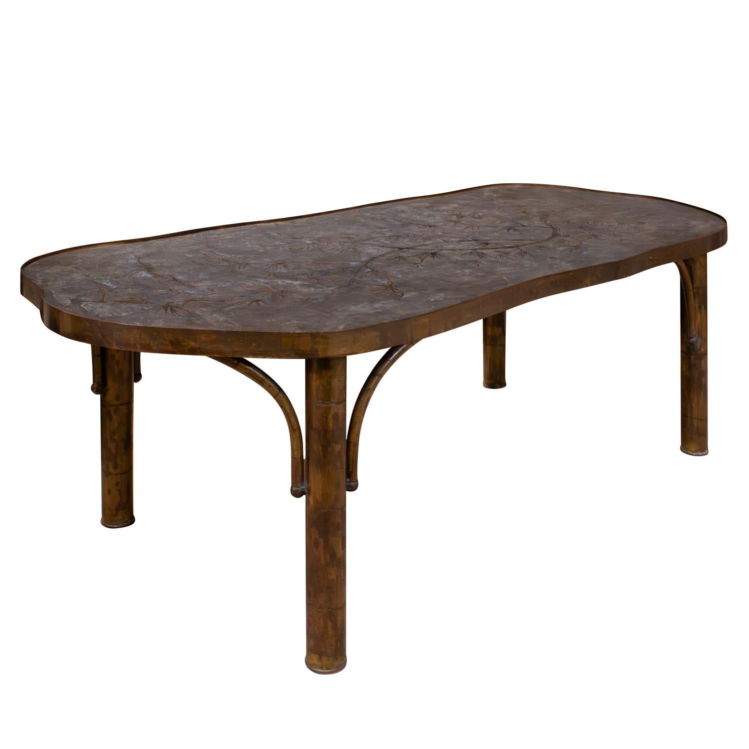Rare and early “Chan Floral” coffee table in patinated and engraved bronze and pewter with hand-painted blue enamels and lovely botanical motif by Philip & Kelvin LaVerne, American 1958-9 (Signed “Phillip K. LaVerne” on top). This table retains its