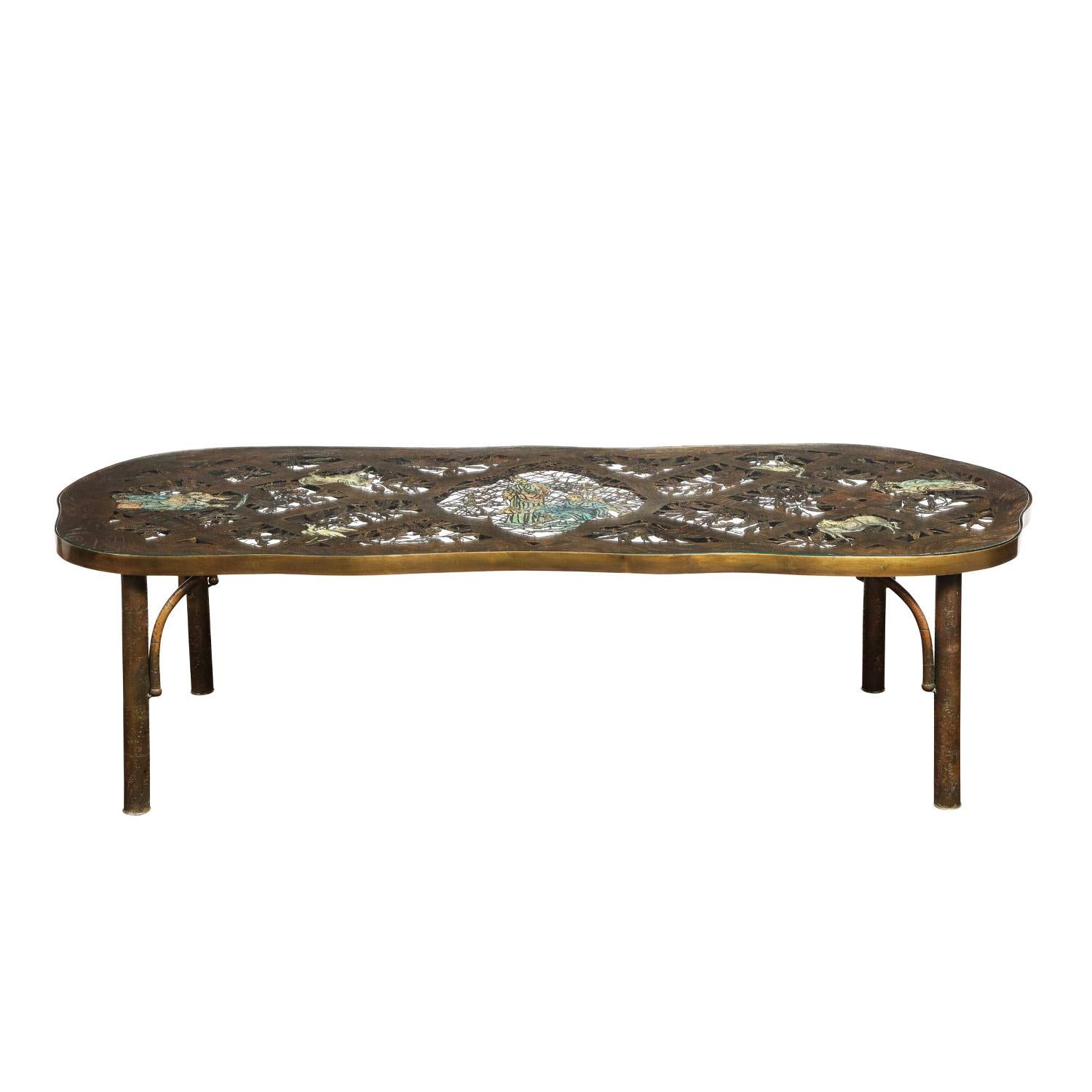 Exceptional and rare “Fragonard Pierced Coffee Table” in pewter and bronze, intricately carved with hand-painted polychrome enamels and gold and copper leaf with an inset glass top, by Philip and Kelvin Laverne, American 1960’s (signed “Philip