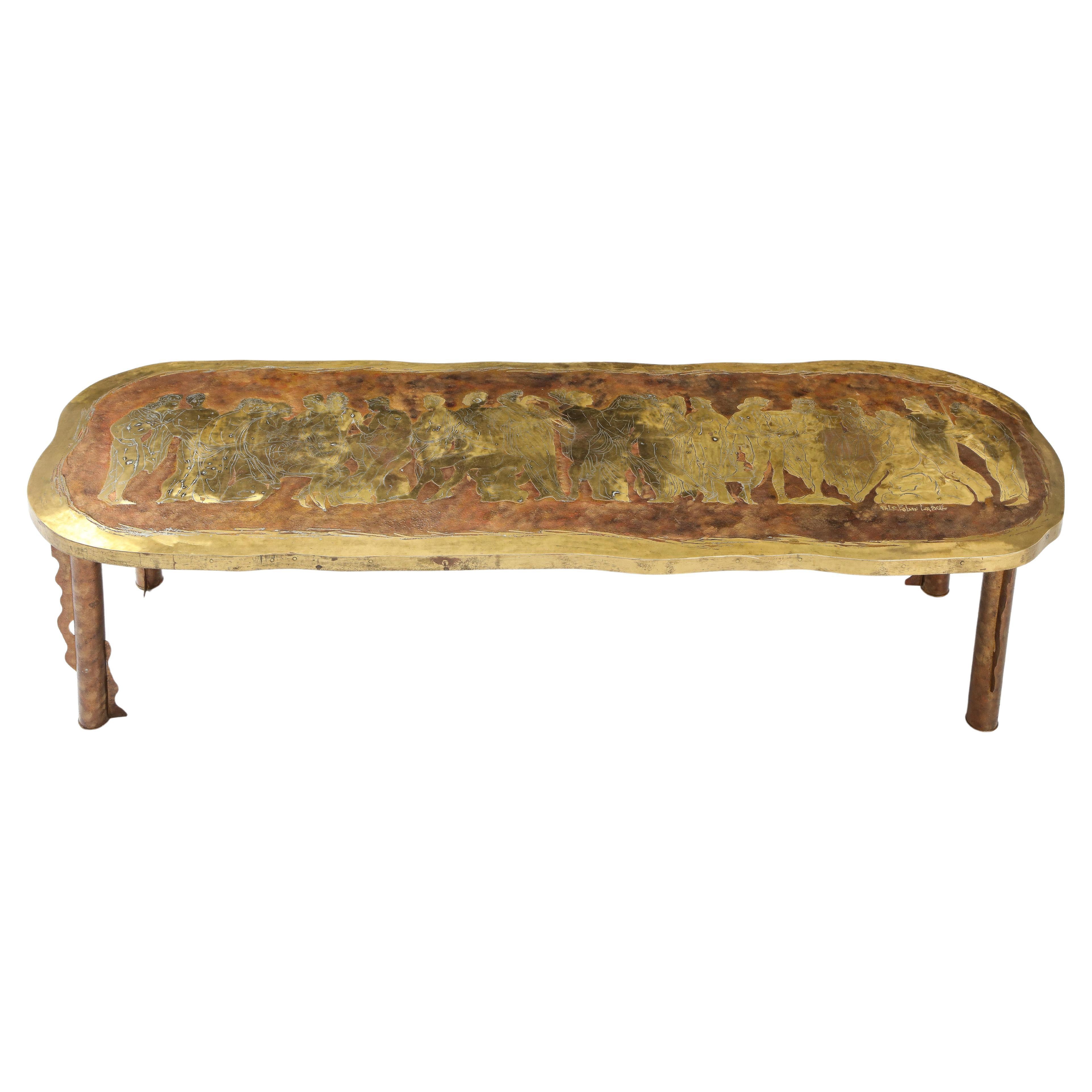 Philip and Kelvin LaVerne's sculptural Romanesque coffee table composed of hand-crafted acid-etched and patinated bronze over wood, USA, 1960s. This exquisite coffee table is a rare model not only because of its large size but also the unusual rich