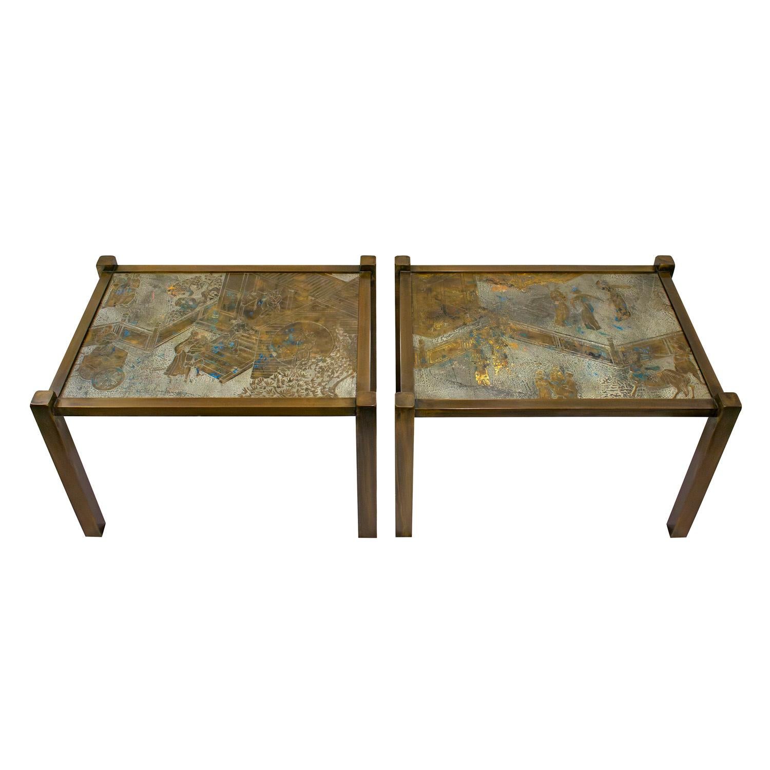 Stunning pair of rectangular “Tao” end tables in patinated and engraved bronze and pewter with vibrant hand-painted enamels in blue, green, and red with gold and copper leaf by Philip & Kelvin LaVerne, American 1960's (signed “Philip K LaVerne” and