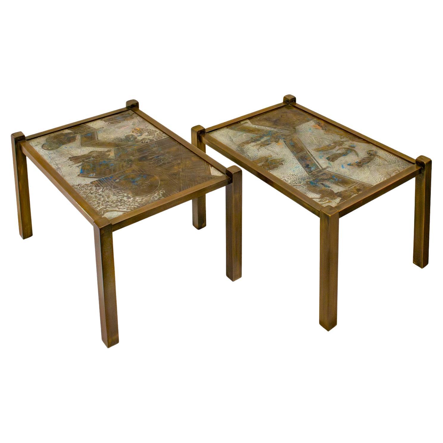 Philip and Kelvin LaVerne Rare Pair of "Tao" End Tables 1960s (Signed)