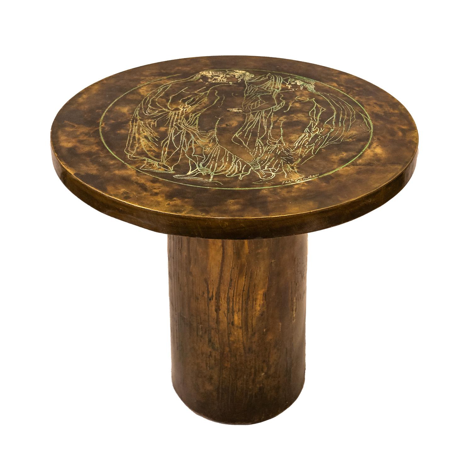 Rare side table in patinated bronze and pewter with classical Roman female nude motif in hand-painted enamels by Philip & Kelvin LaVerne, American 1960's (signed “Philip Kelvin LaVerne” on top).   The patination is stunning on this table and the
