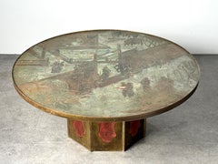 Philip and Kelvin LaVerne Round Chan Coffee Table in Bronze Relief 1960's