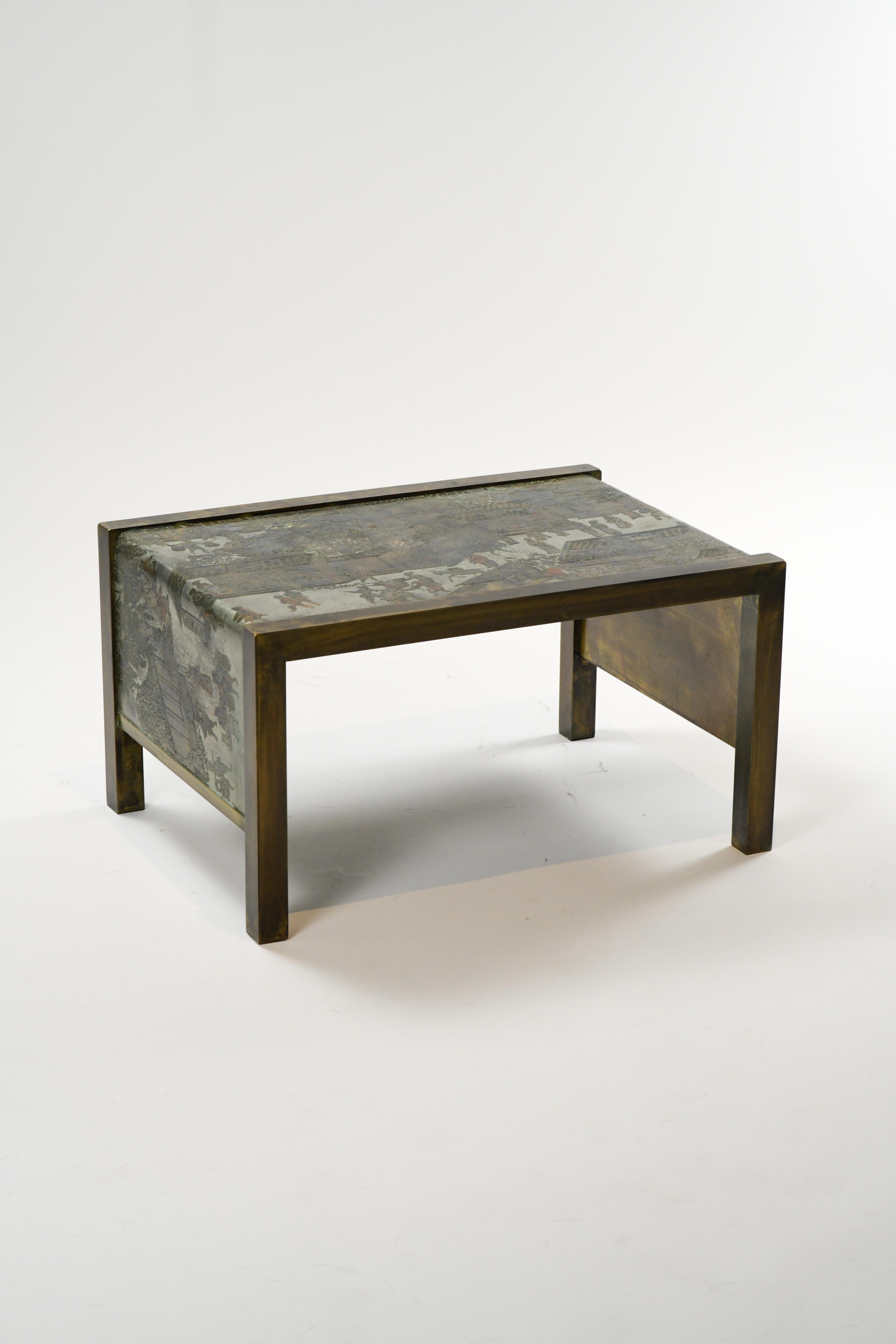 A gorgeous Spring Festival Coffee table from the iconic father/son duo, Philip and Kelvin LaVerne. This table is absolutely stunning and is guaranteed to elevate any interior it finds a home in. The etched, enameled and patinated brass, pewter and
