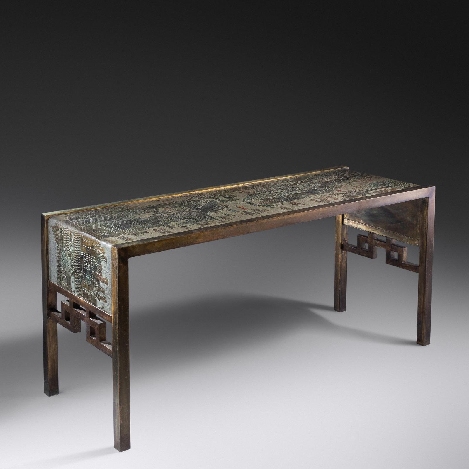 Philip and Kelvin LaVerne Spring Festival Console Table, LaVerne Collection, USA. Etched, patinated, and polychromed bronze, pewter with raised signature to top in metalwork and manufacturer's label. American, 1937.