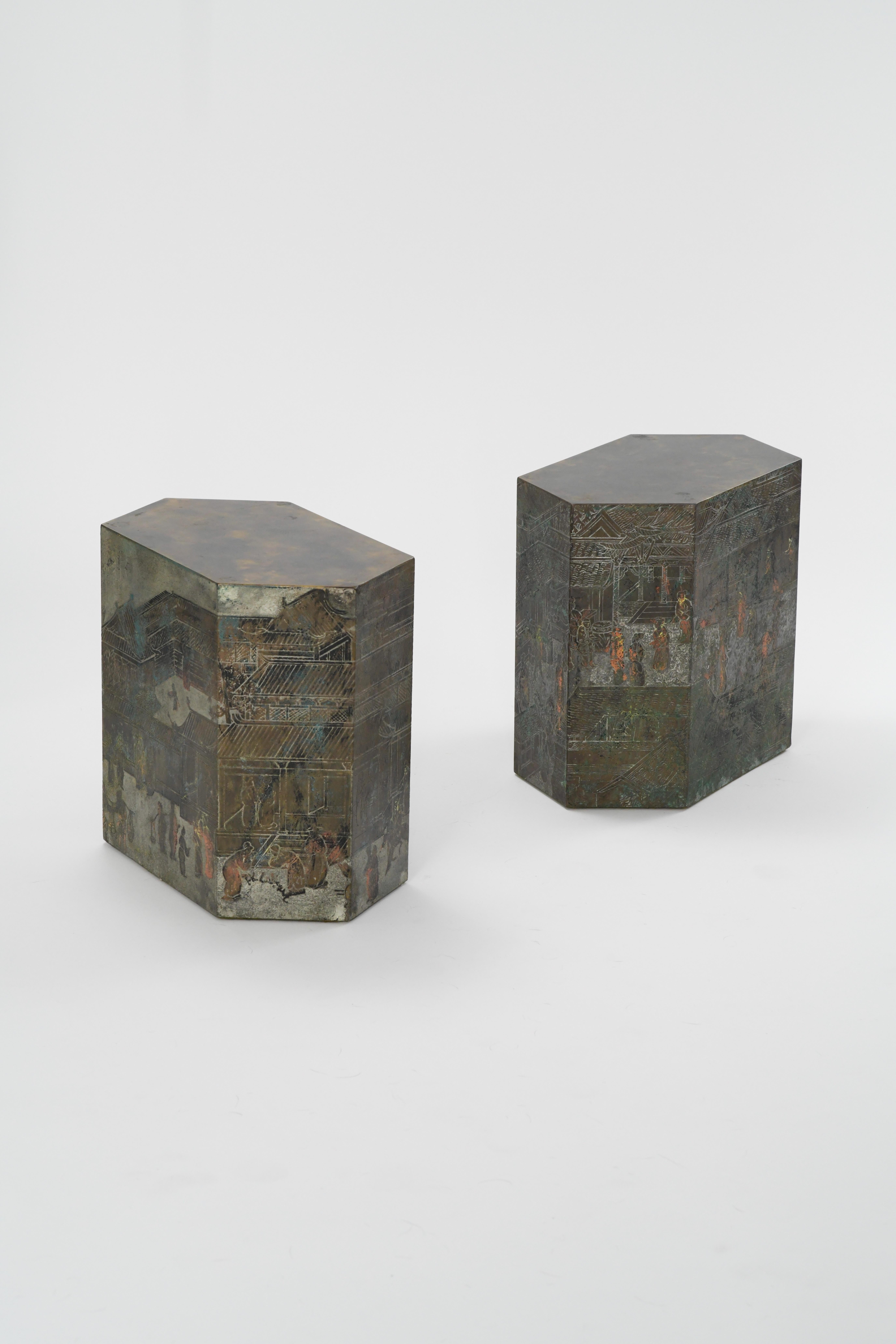 From the incredible father/son duo Philip and Kelvin LaVerne are these rare and extremely sought after Spring Festival patterned hexagonal occasional tables. These unique sculptural side tables are strong and sturdy and can be used as is or with an