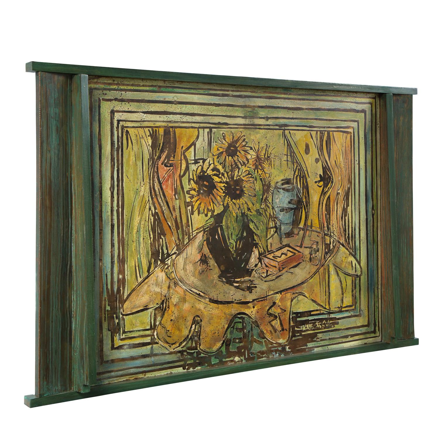 Large one-of-a-kind Impressionist still life with sunflowers in a vase on a table cloth and book, polychrome enamels painted on bronze, with wood-grain bronze frame by Philip & Kelivn LaVerne, 1960's (signed “Philip K. LaVerne” on front.) The