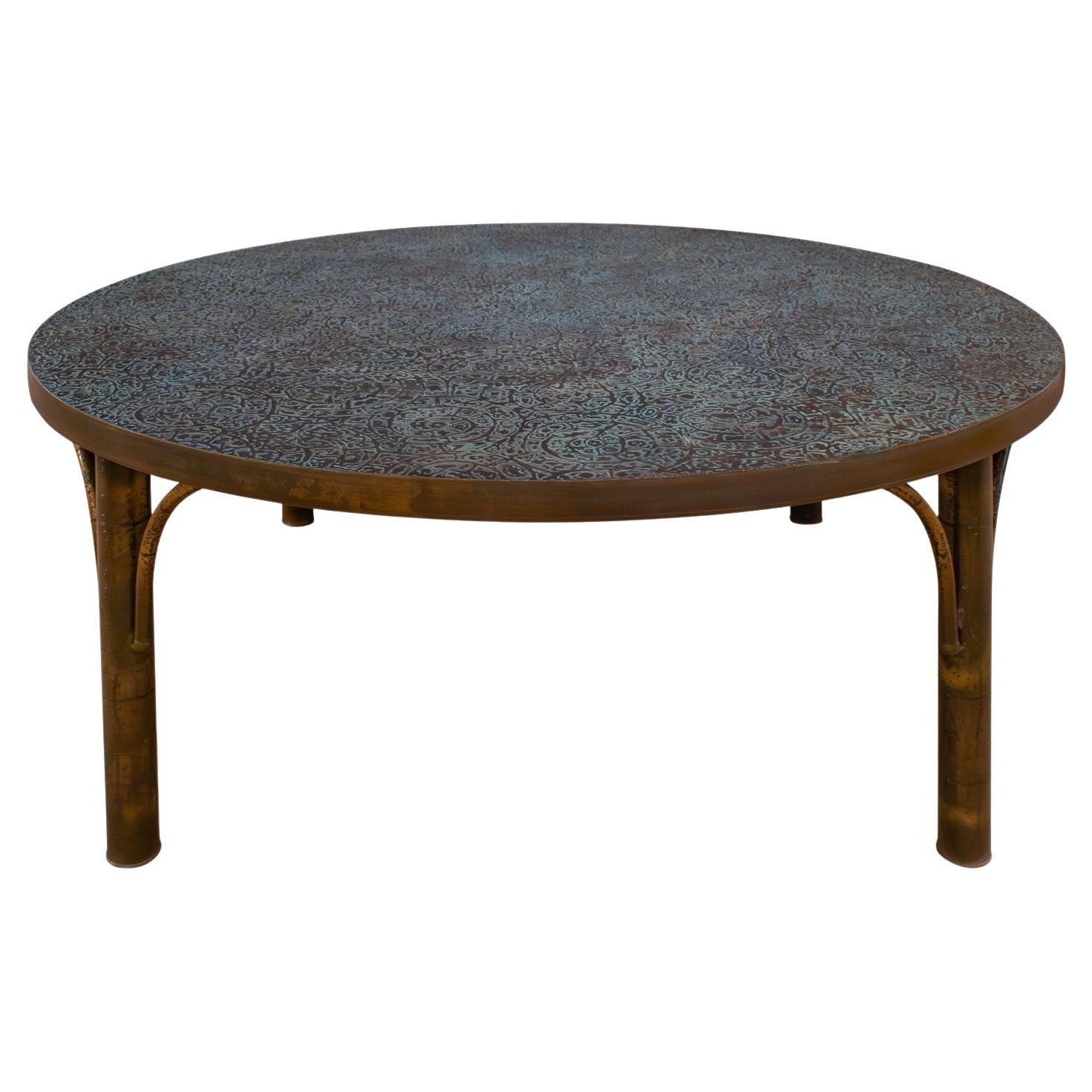 Large “Etruscan Spiral” coffee table in patinated and engraved bronze and pewter with hand-painted enamels in pale blue and green on bronze bamboo legs by Philip & Kelvin LaVerne, American 1960s (signed “Philip & Kelvin LaVerne” on side with
