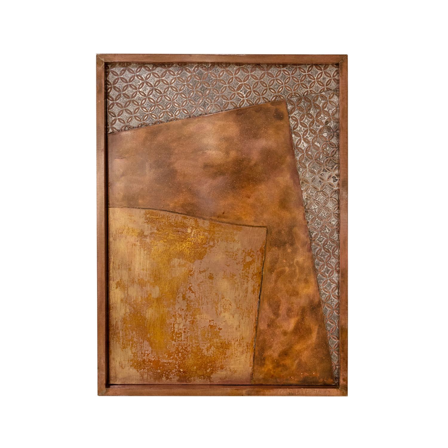 Unique abstract collage “Synergy” in patinated bronze, pewter and copper with abstract Kuan motif engraved on sections by Philip & Kelvin LaVerne, American 1970's (signed “P+K LAVERNE”).  The sense of balance and movement is extraordinary.  See