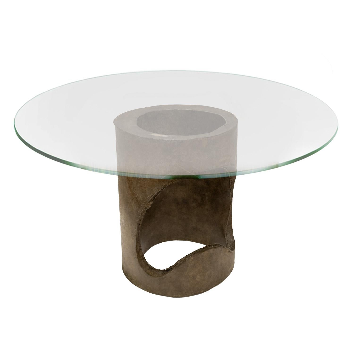 Sculpture dining/game table with hand-welded pewter base finished in bronze tones with negative space and thick glass top by Philip & Kelvin LaVerne, American 1970's (signed on top “PK LaVerne”).  This is a unique sculpture which can take a larger