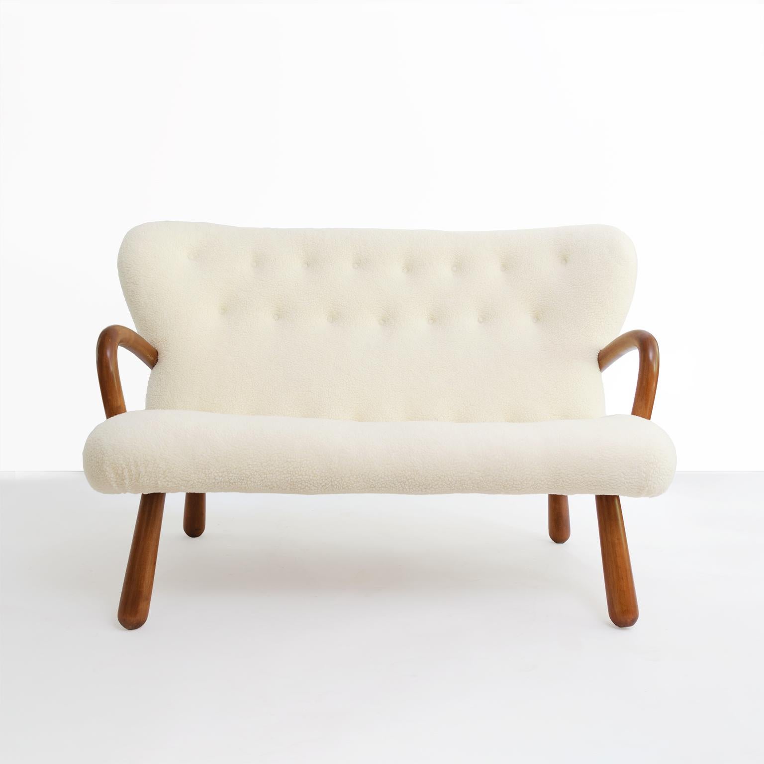 Stained Philip Arctander 'Attributed' Scandinavian Modern Settee in Faux Sheepskin