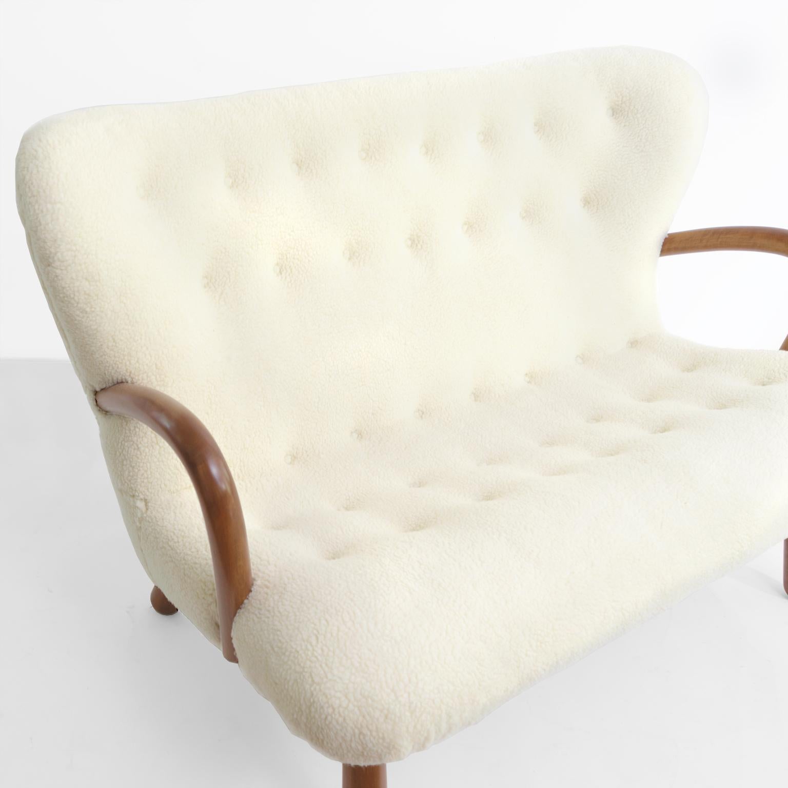 Wood Philip Arctander 'Attributed' Scandinavian Modern Settee in Faux Sheepskin