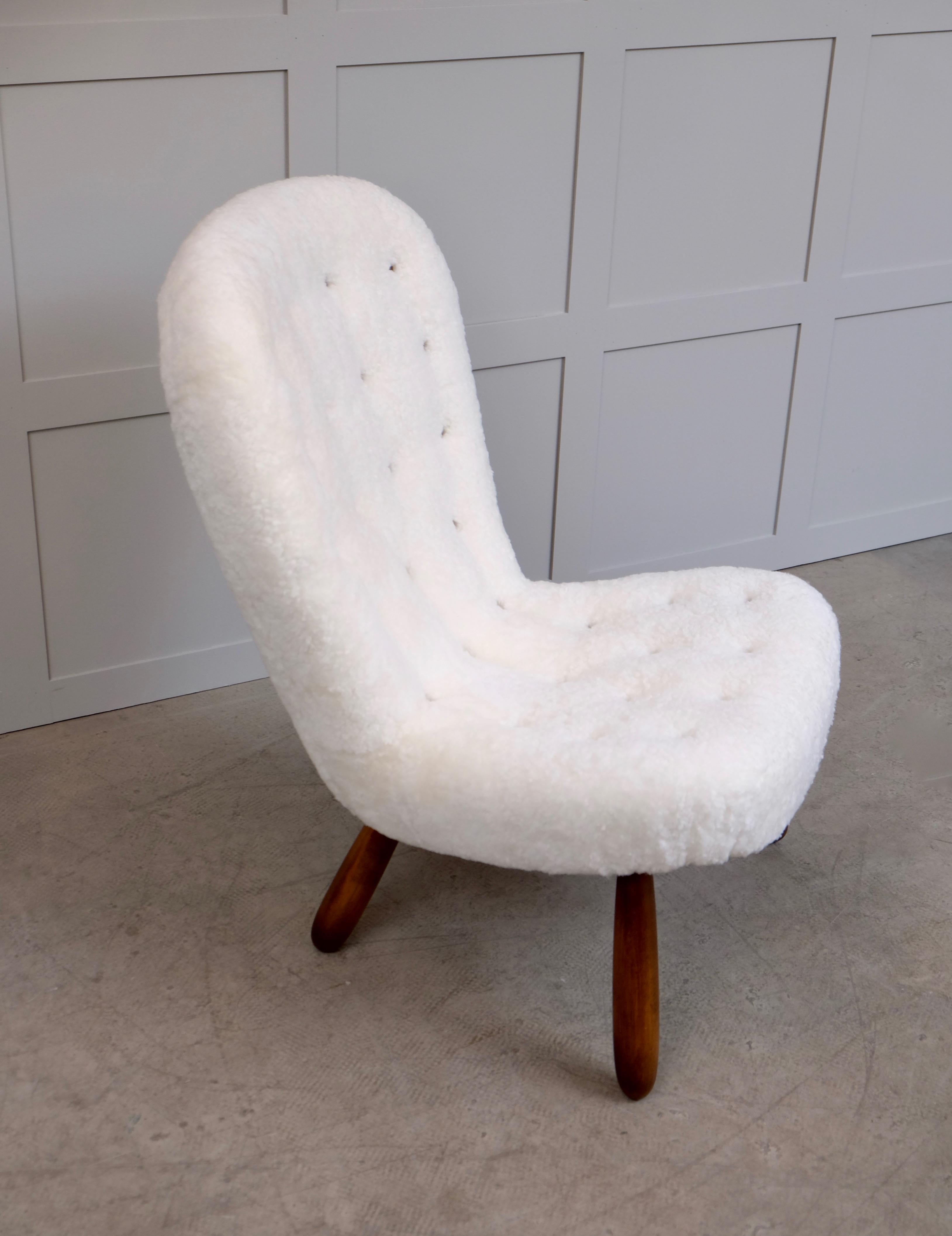 Arnold Madsen „Clam Chair“ hergestellt von Madsen & Schubell, 1950er Jahre (Schaffell und Schafleder) im Angebot