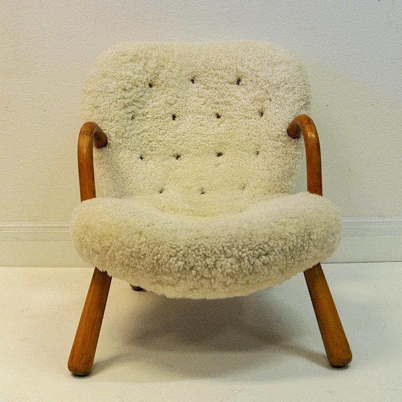 Teak Philip Arctander Clam Chair in Sheepskin 1940s, Denmark