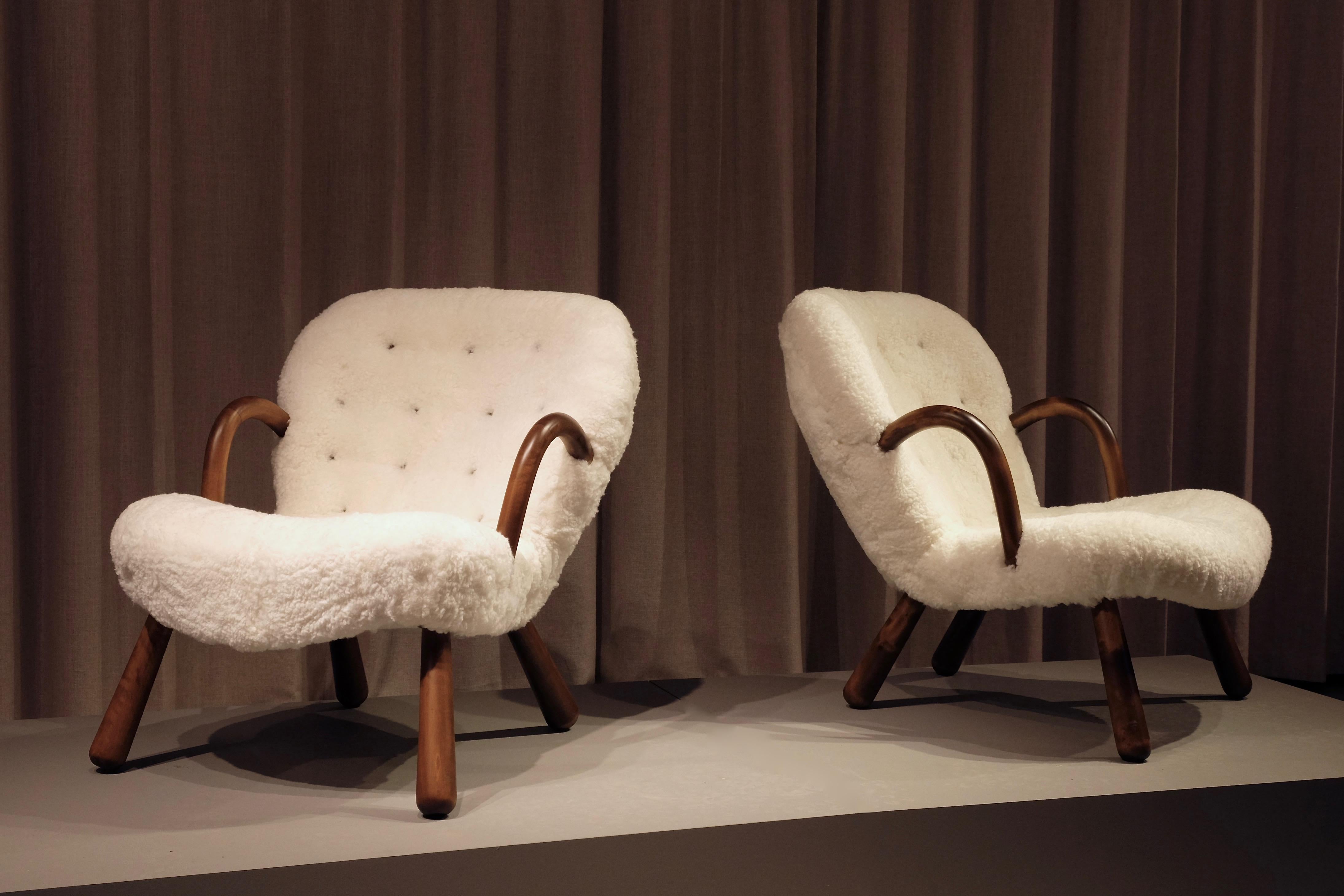 Sheepskin Philip Arctander Clam Chairs by Nordisk Stål & Møbel Central in Denmark, 1940s