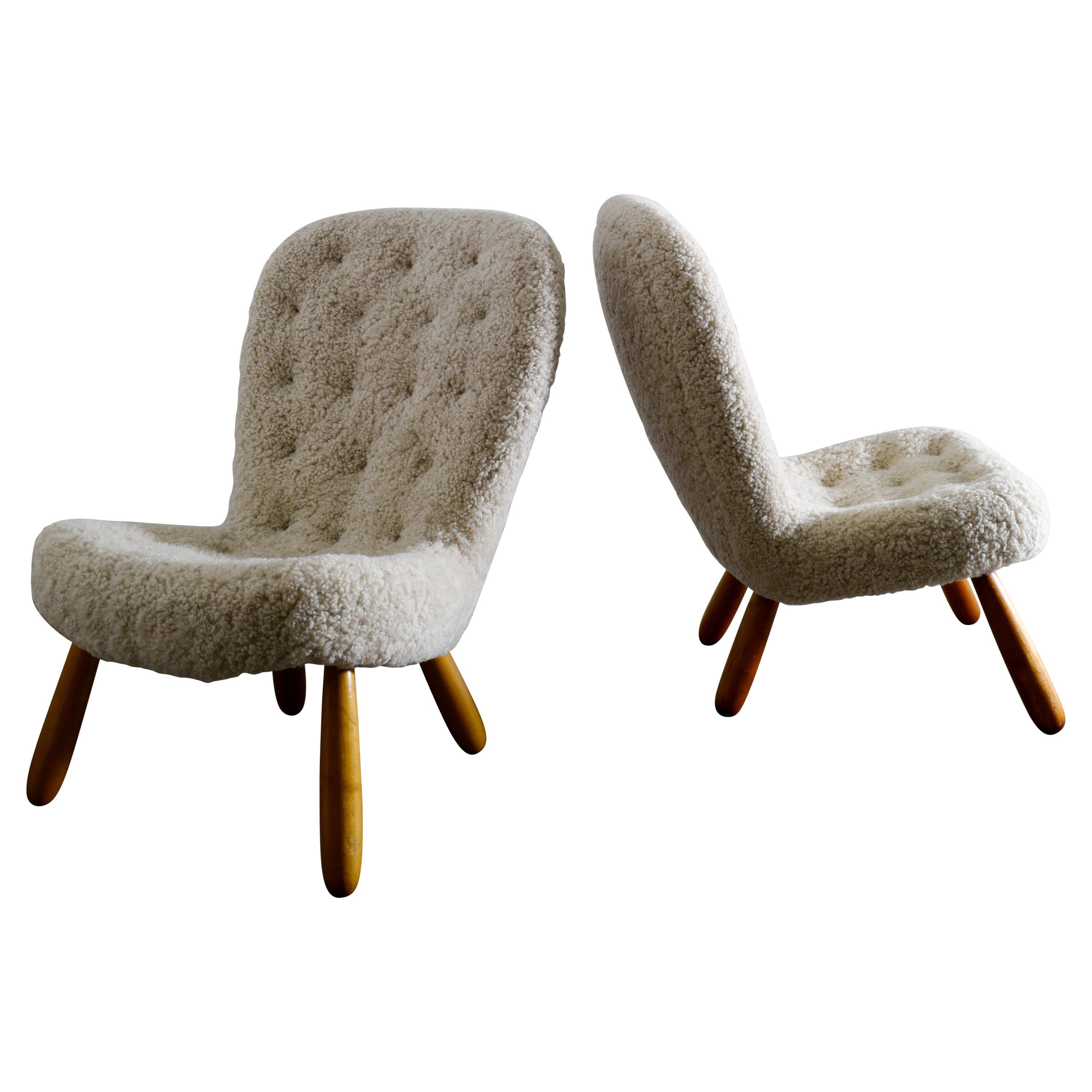 Philip Arctander Pair of "Clam Chairs" in Sheepskin Produced in Denmark, 1940s