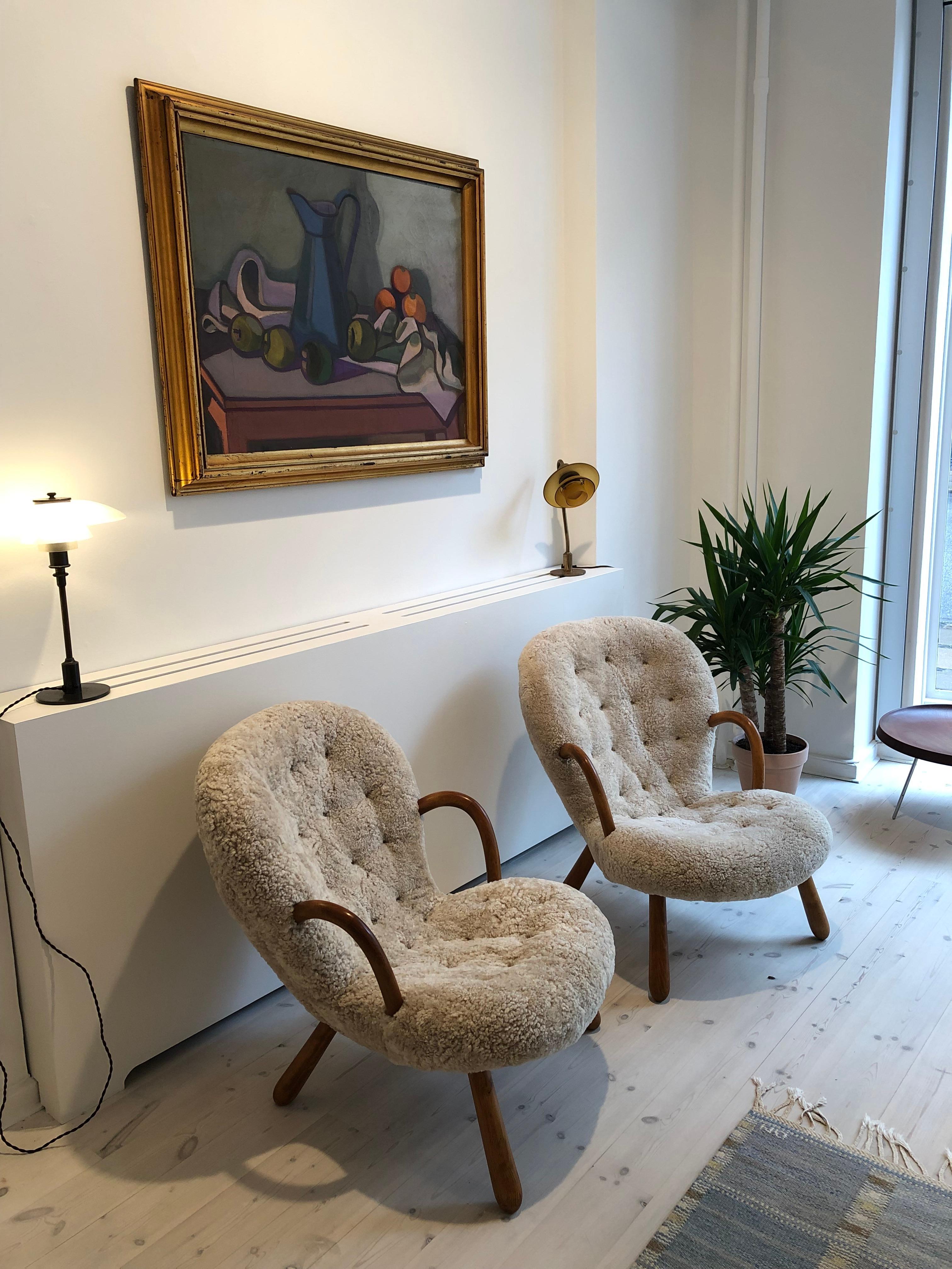 Philip Arctander Pair of 'Clam' Easy Chairs in Beige Sheepskin, 1944 7