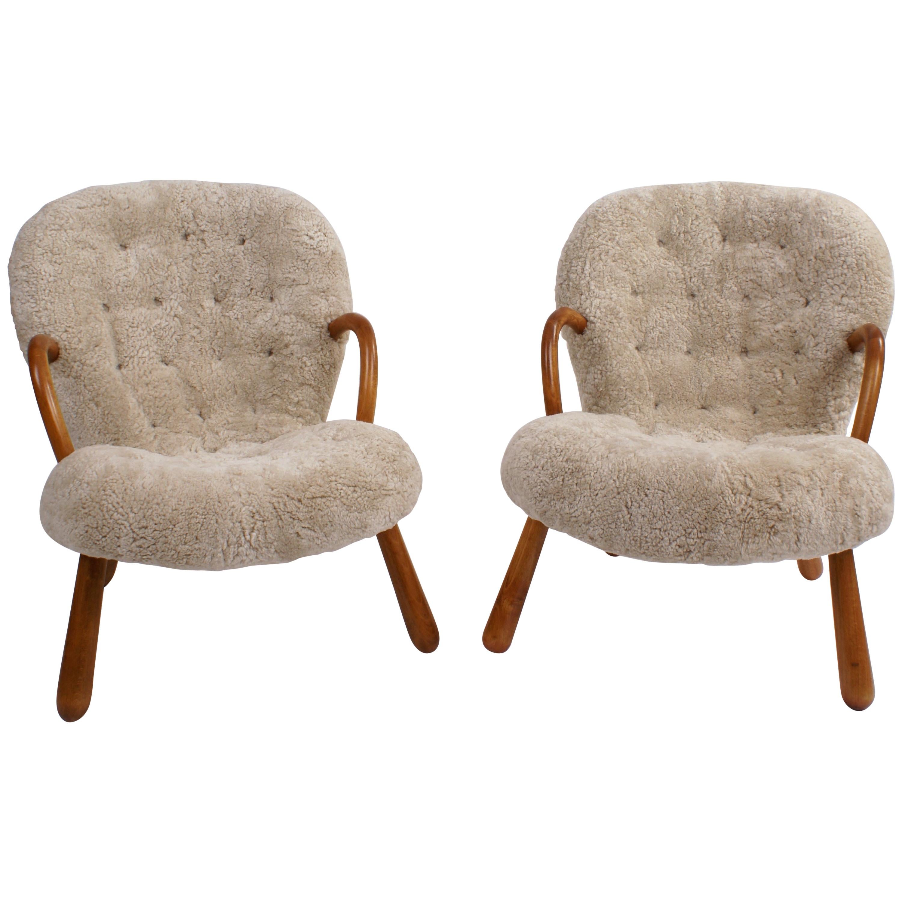 Philip Arctander Pair of 'Clam' Easy Chairs in Pale Grey Sheepskin, 1944