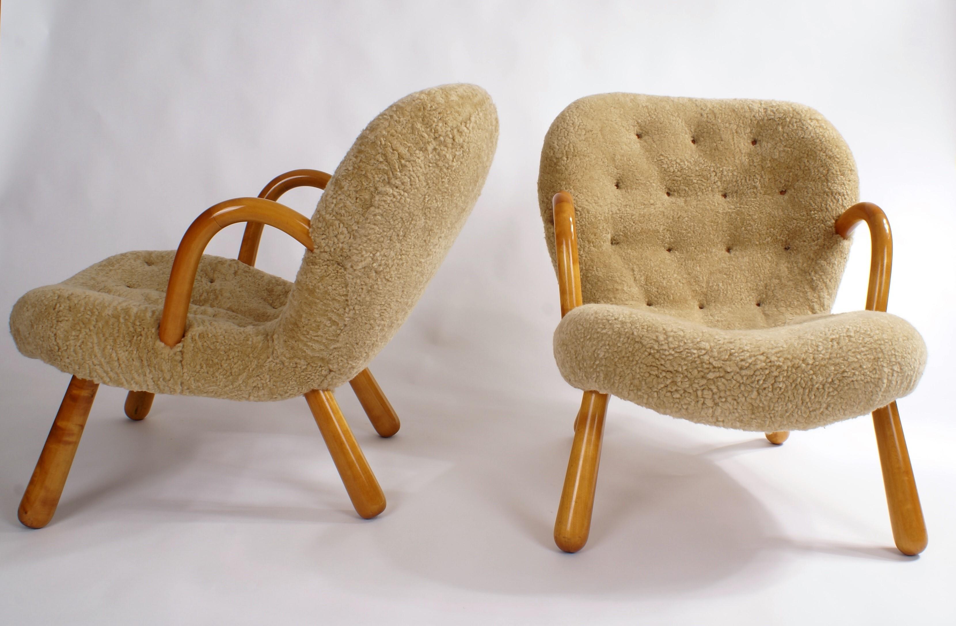 Scandinavian Modern Philip Arctander Pair of 'Clam' Easy Chairs in Sheepskin, 1944