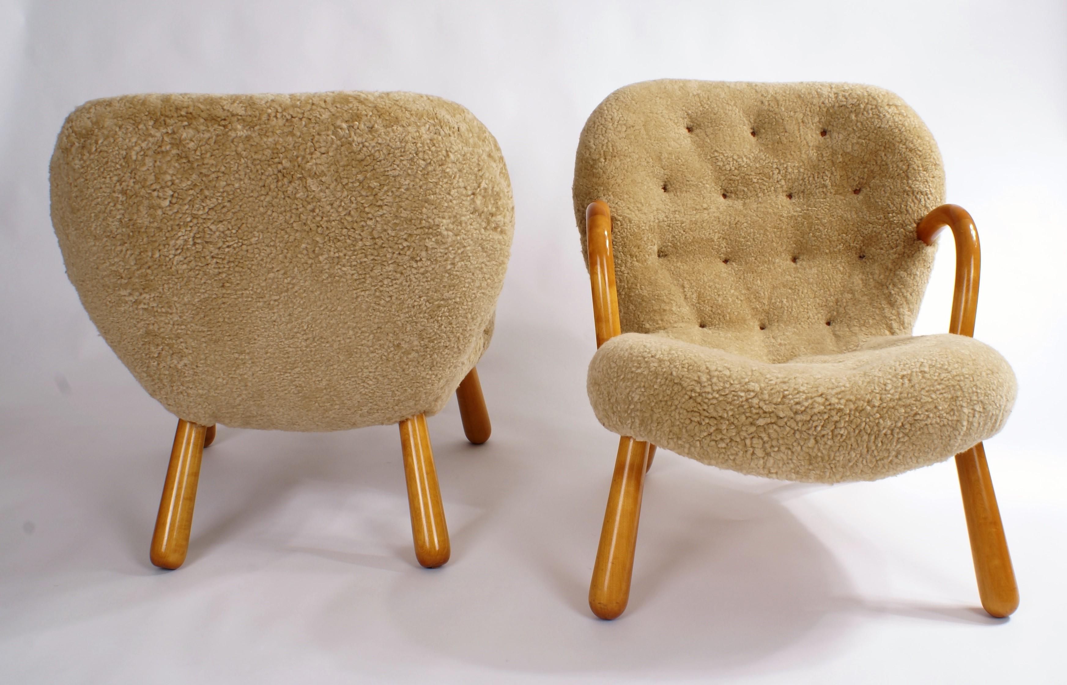 Mid-20th Century Philip Arctander Pair of 'Clam' Easy Chairs in Sheepskin, 1944
