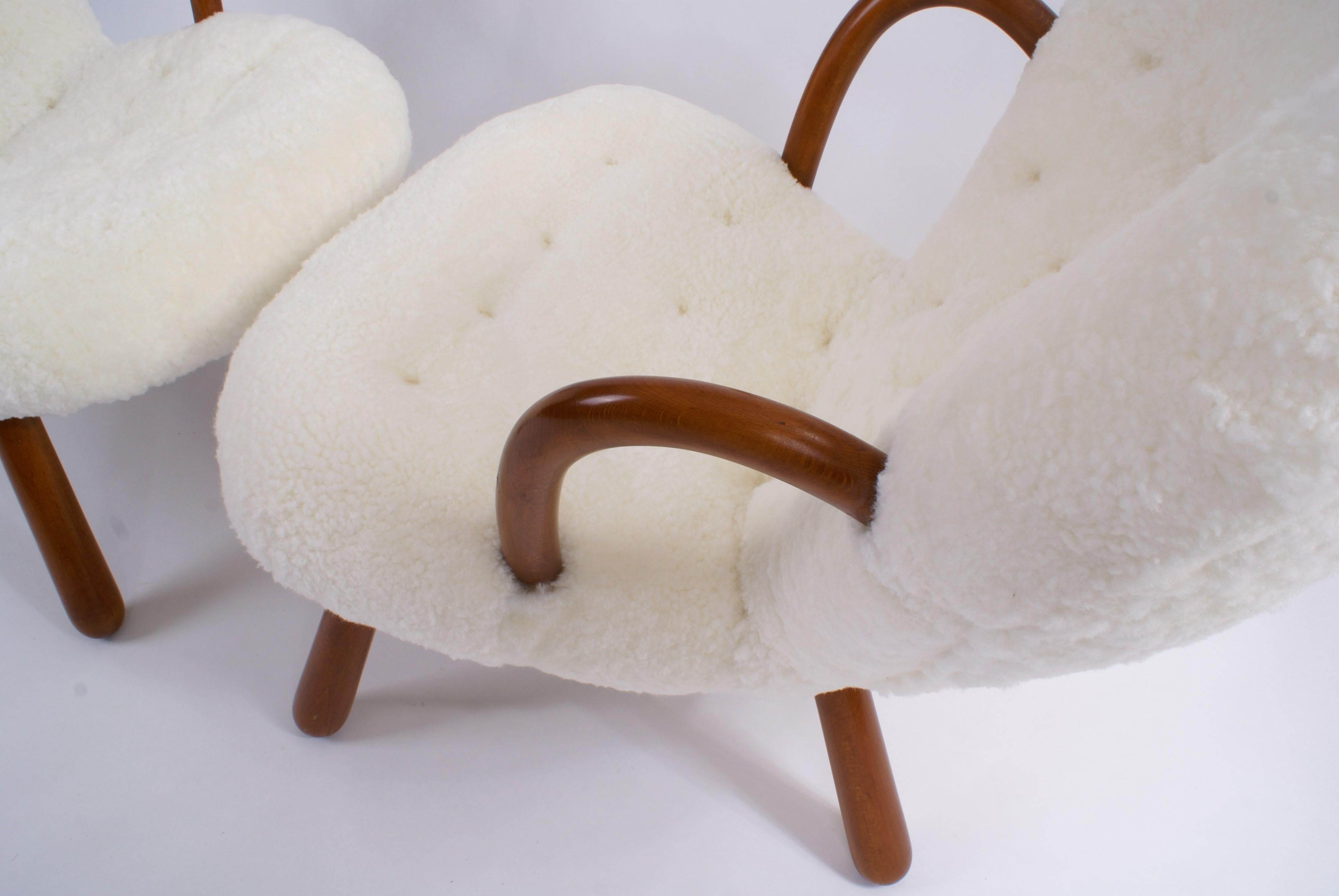Mid-20th Century Philip Arctander Pair of 'Clam' Easy Chairs in White Sheepskin, 1944