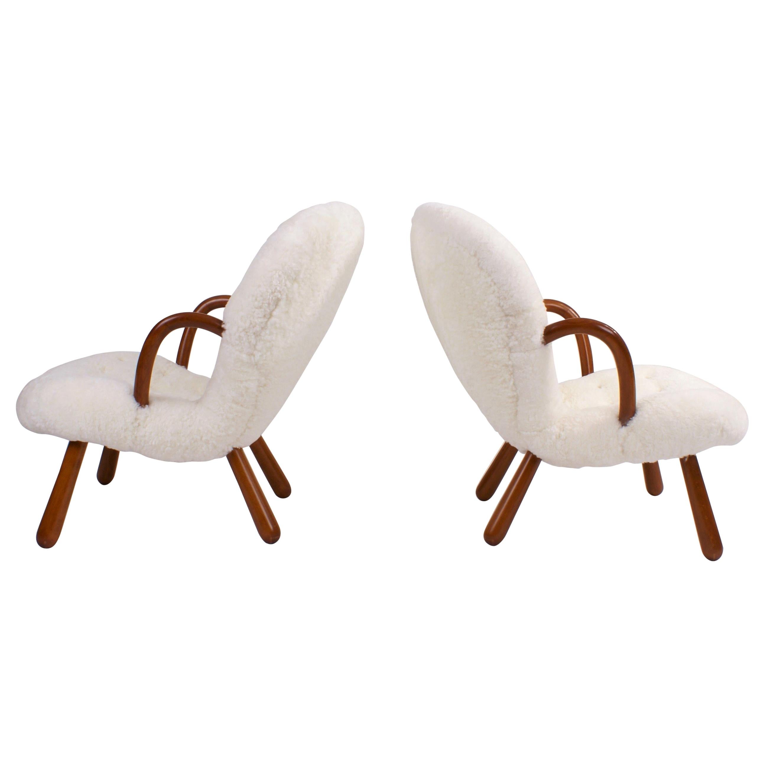 Philip Arctander Pair of 'Clam' Easy Chairs in White Sheepskin, 1944