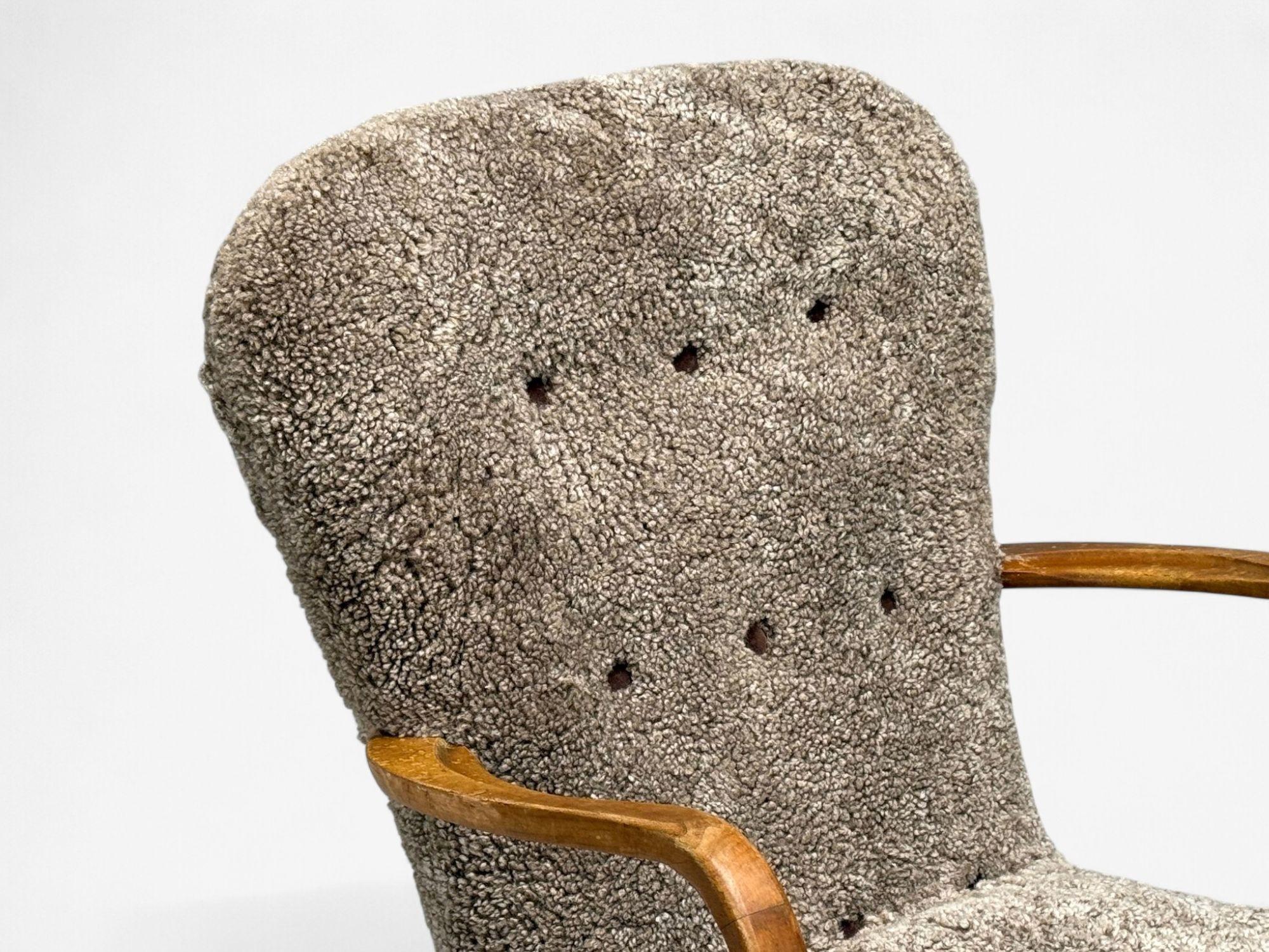Mid-Century Modern Philip Arctander Style, Shearling, Beech, Lounge Chair, Denmark, 1960s For Sale
