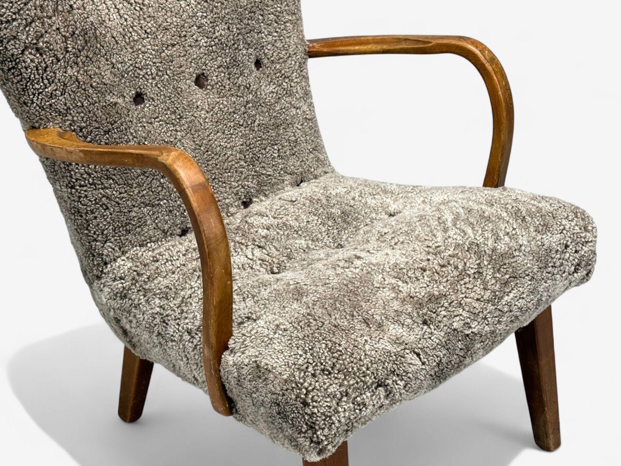 Danish Philip Arctander Style, Shearling, Beech, Lounge Chair, Denmark, 1960s For Sale