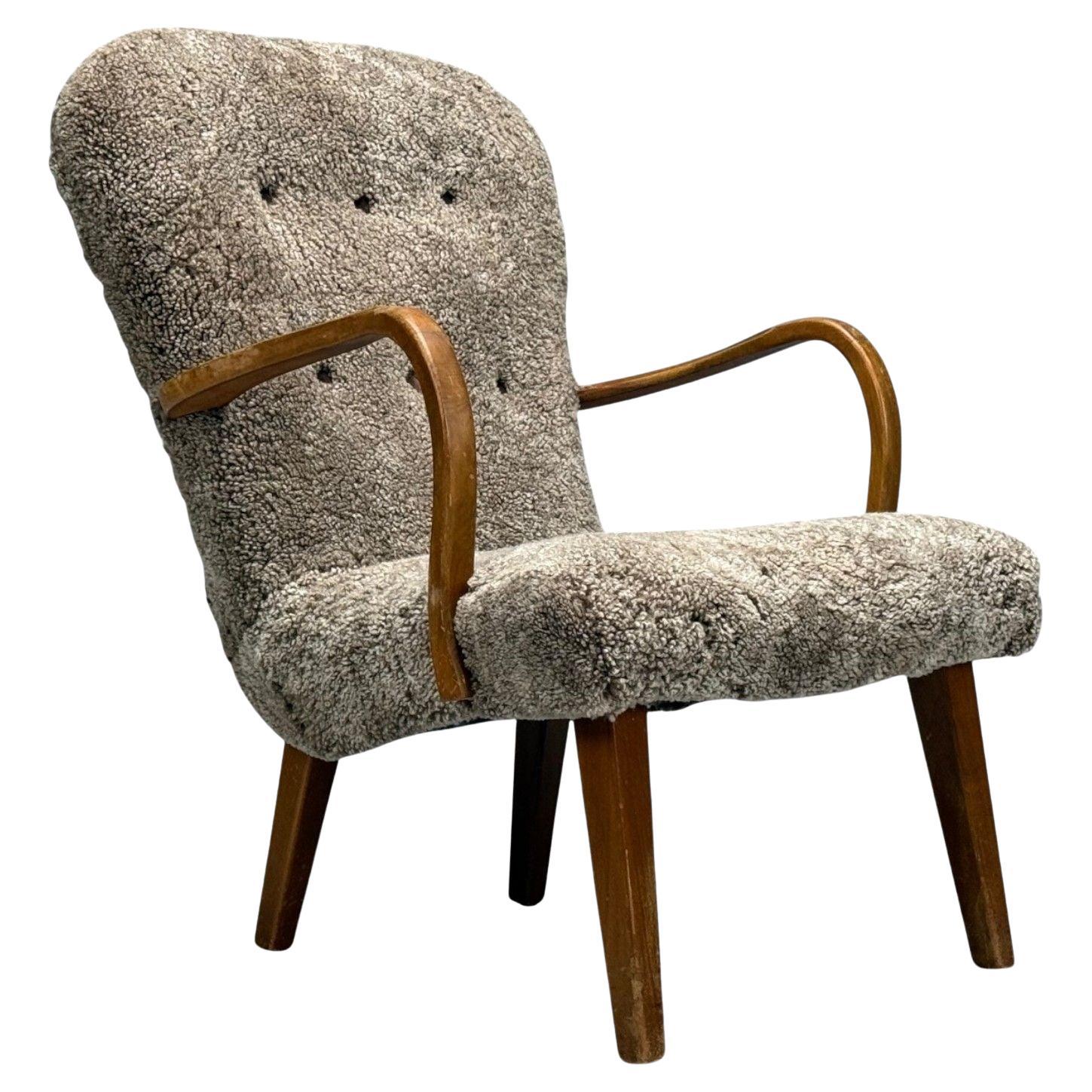 Philip Arctander Style, Shearling, Beech, Lounge Chair, Denmark, 1960s For Sale