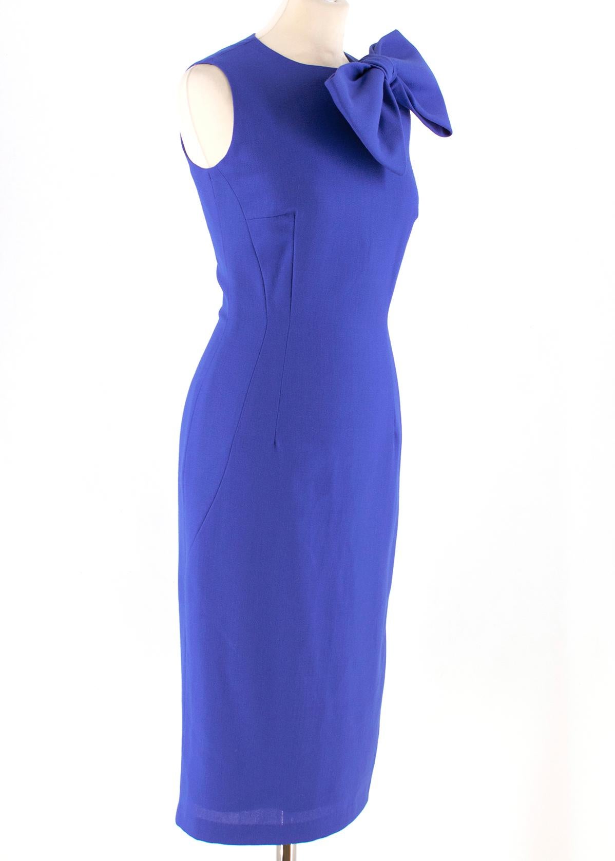 Philip Armstrong bow-detail blue wool-crepe dress

- Electric-blue, mid-weight  double wool-crepe 
- Round neck, sleeveless
- Oversized structured neck bow 
- Contouring seams and darts 
- Split back hem
- Centre-back two-way zip fastening,