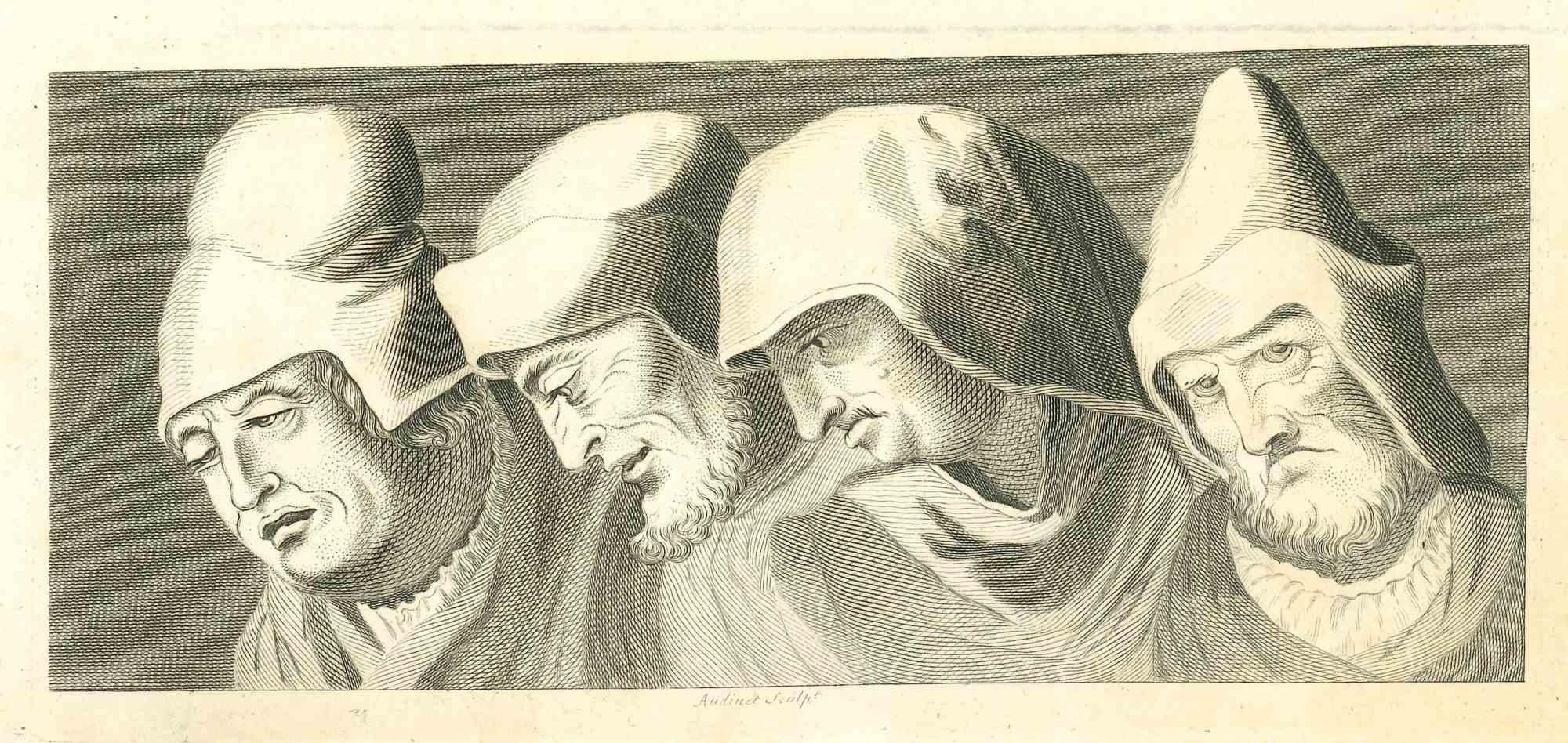 Heads of men is an original artwork realized by Philip Audinet for Johann Caspar Lavater's  "Essays on Physiognomy, Designed to promote the Knowledge and the Love of Mankind", London, Bensley, 1810. 

 This artwork portrays heads of men. On the back