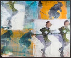 "Jumpers" Peinture abstraite figurative contemporaine à l'huile sur lin sur panneau encadré.