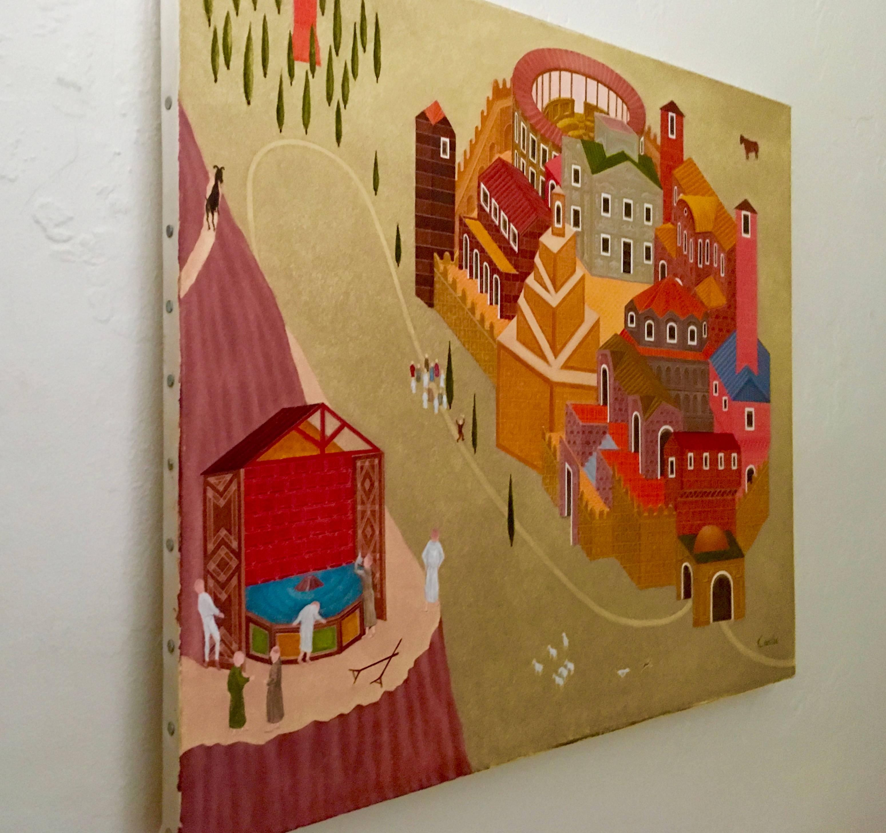 Fantastica scena di villaggio moderno irlandese Realismo magico pittura ad olio - Painting di Philip Castle 