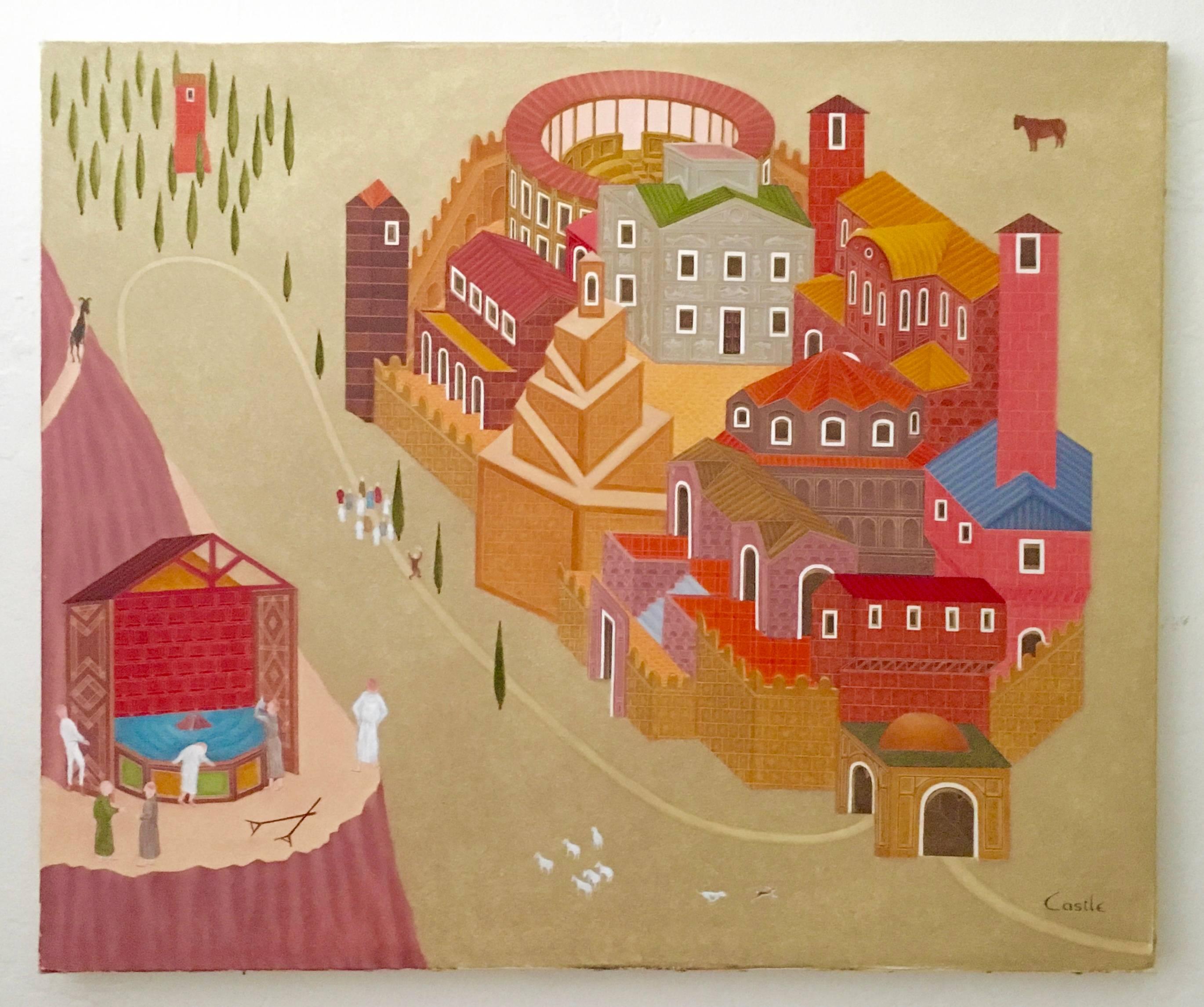 Fantastica scena di villaggio moderno irlandese Realismo magico pittura ad olio in vendita 1