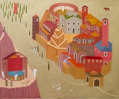 Fantastic Village Scene Modern Irish Magic Realism Oil Painting