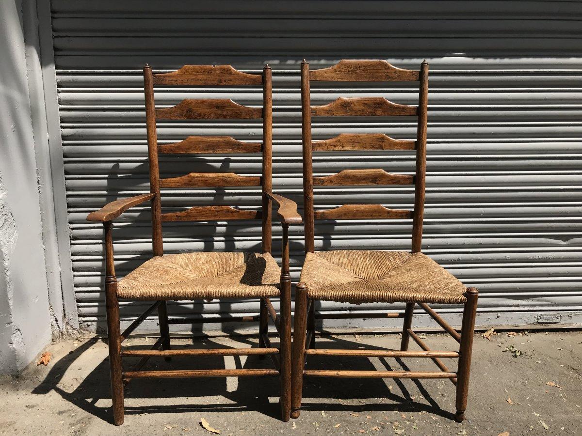 Arts and Crafts Philip Clissett, a Set of Six Arts & Crafts Ash Ladder Back Rush Seated Chairs