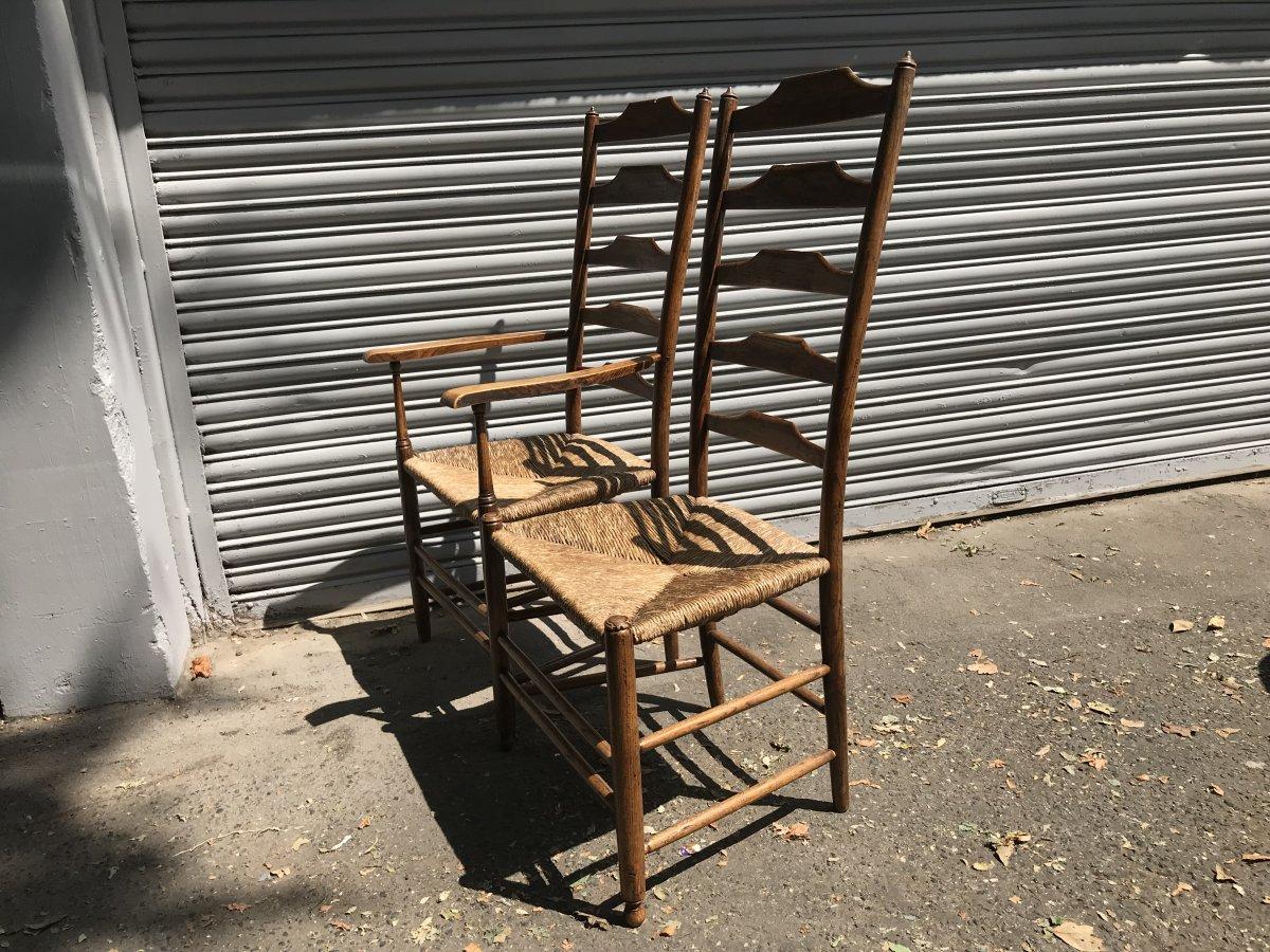 English Philip Clissett, a Set of Six Arts & Crafts Ash Ladder Back Rush Seated Chairs
