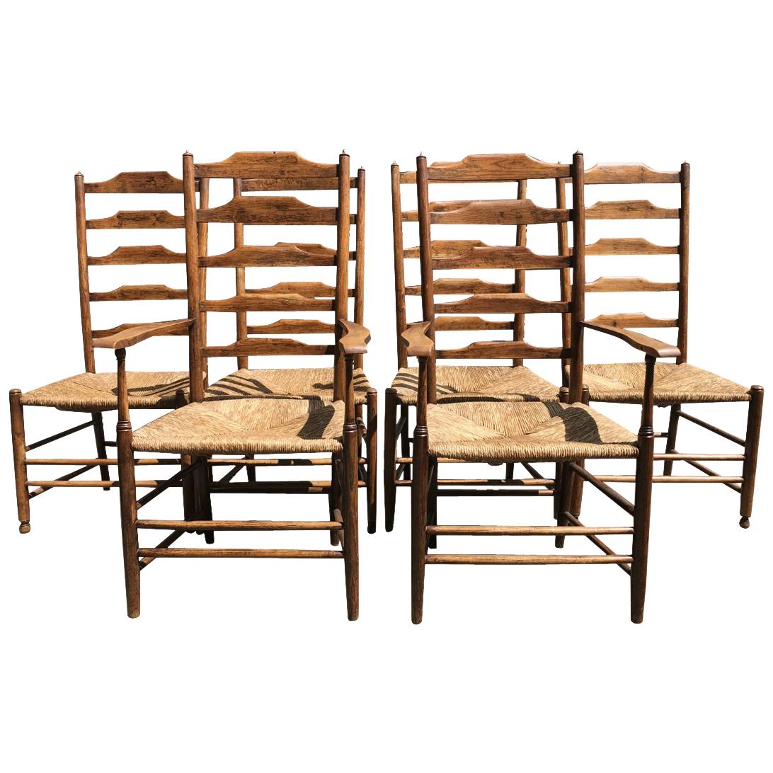 Philip Clissett, a Set of Six Arts & Crafts Ash Ladder Back Rush Seated Chairs