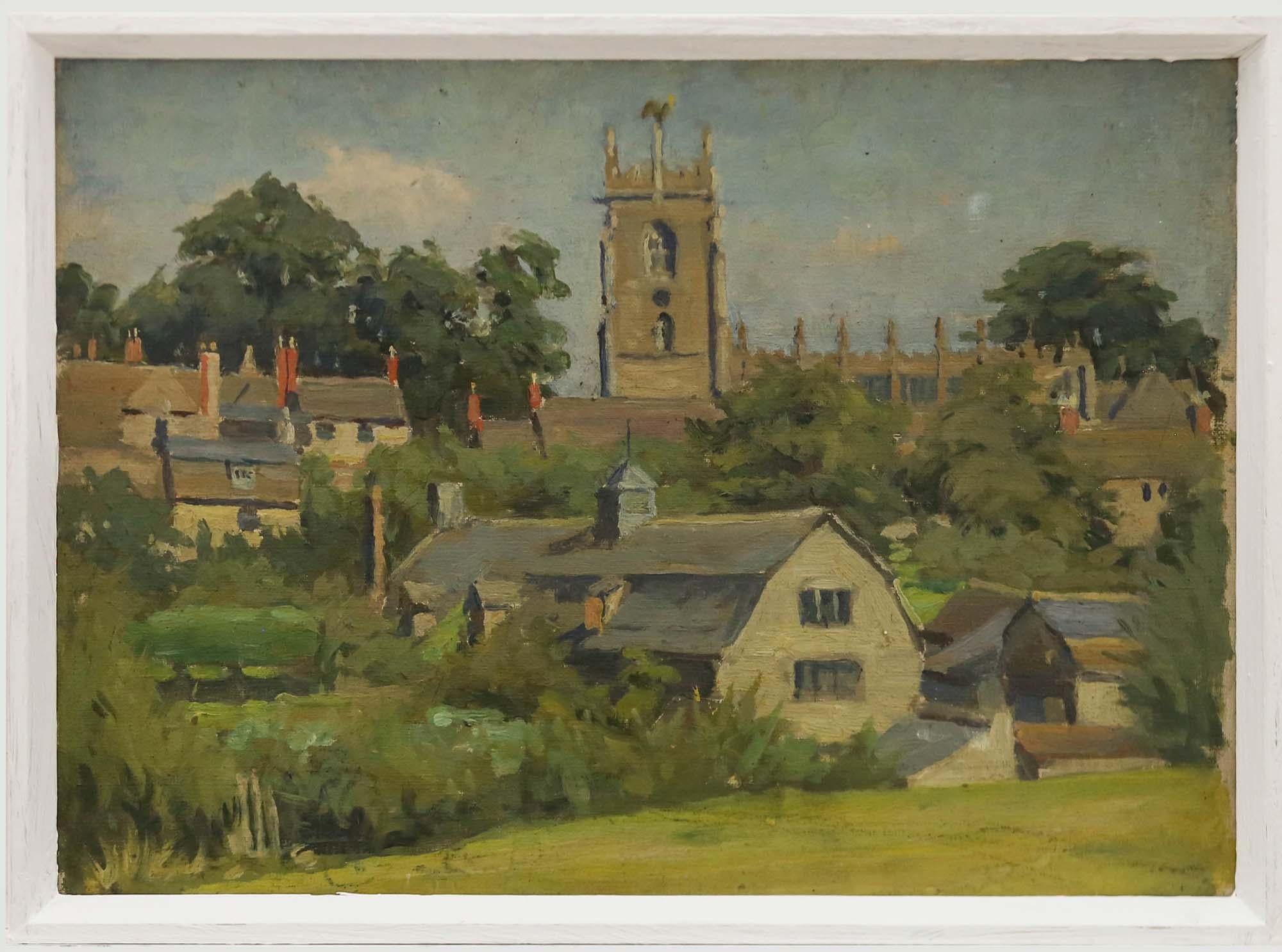 Charmante scène à l'huile du début du XXe siècle représentant la ville pittoresque de Winchcombe, dans le Gloucestershire. L'artiste a inscrit le lieu et la date au verso. L'artiste a également inscrit "Royal Birmingham S. A. Spring - 1938",