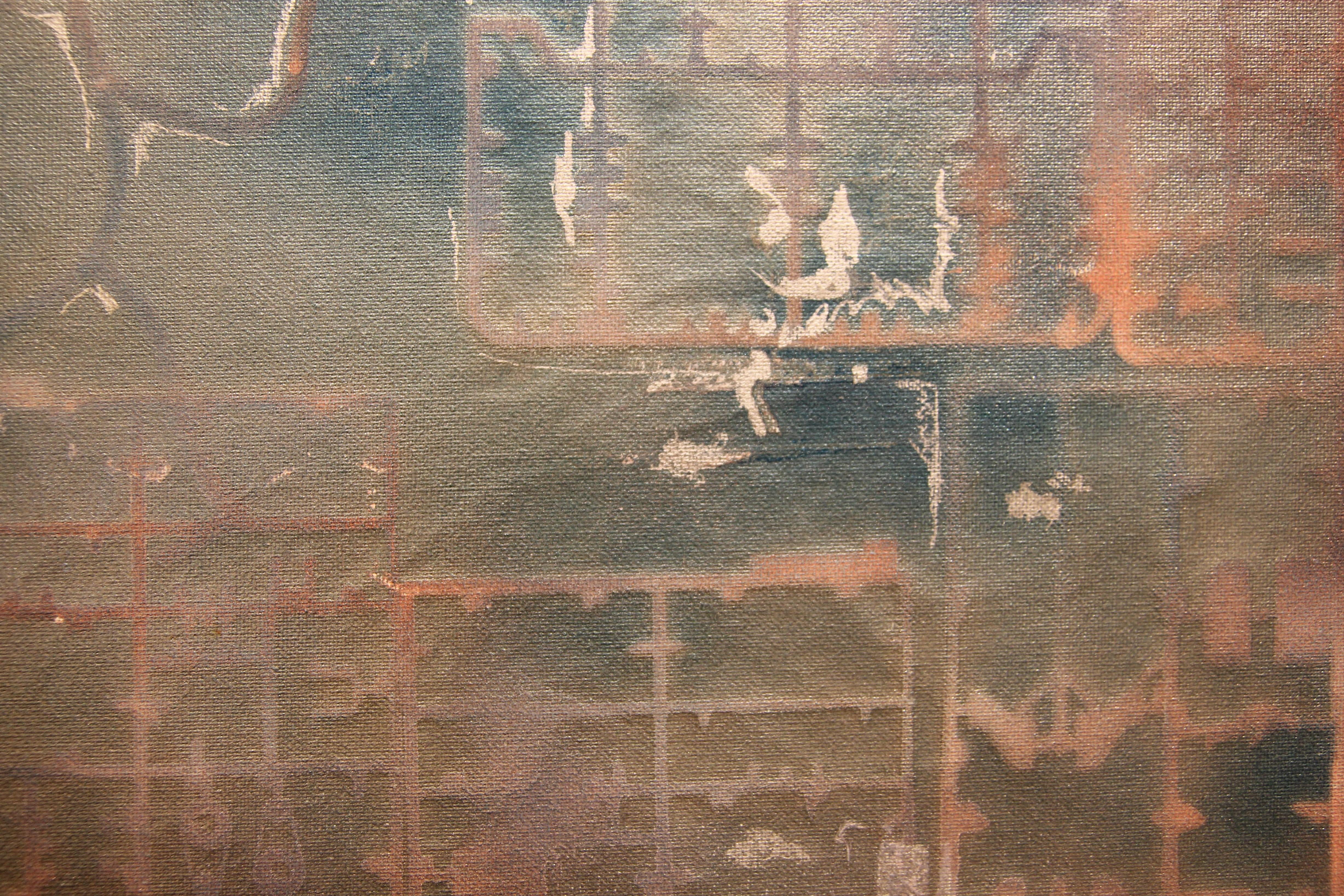 Abstrakte geometrische Malerei des Künstlers Philip Durbin aus Houston, Texas. Rosa und blau gefärbtes Gemälde mit geometrischen, schablonenartigen Mustern und einer abstrakten Figur in einer Kochuniform in der oberen linken Ecke. Gerahmt in einem