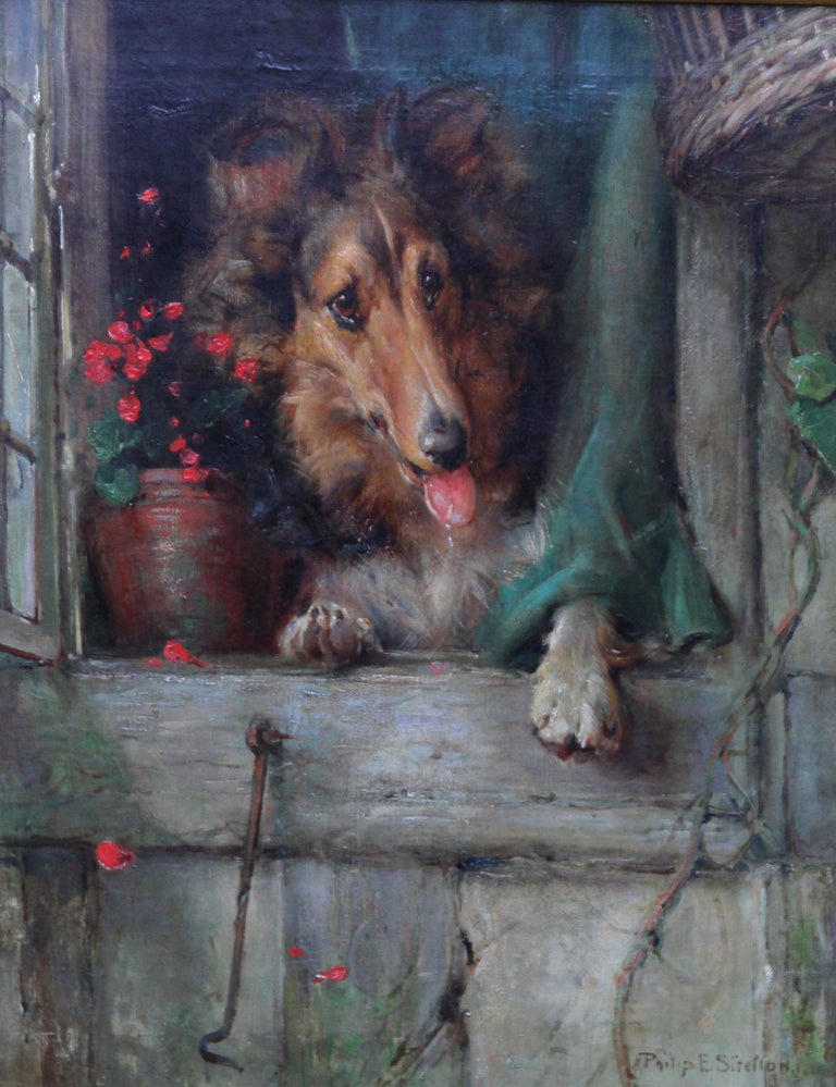 Philip Eustace Stretton Collie Dog at Cottage Window British Victorian art dog portrait oil