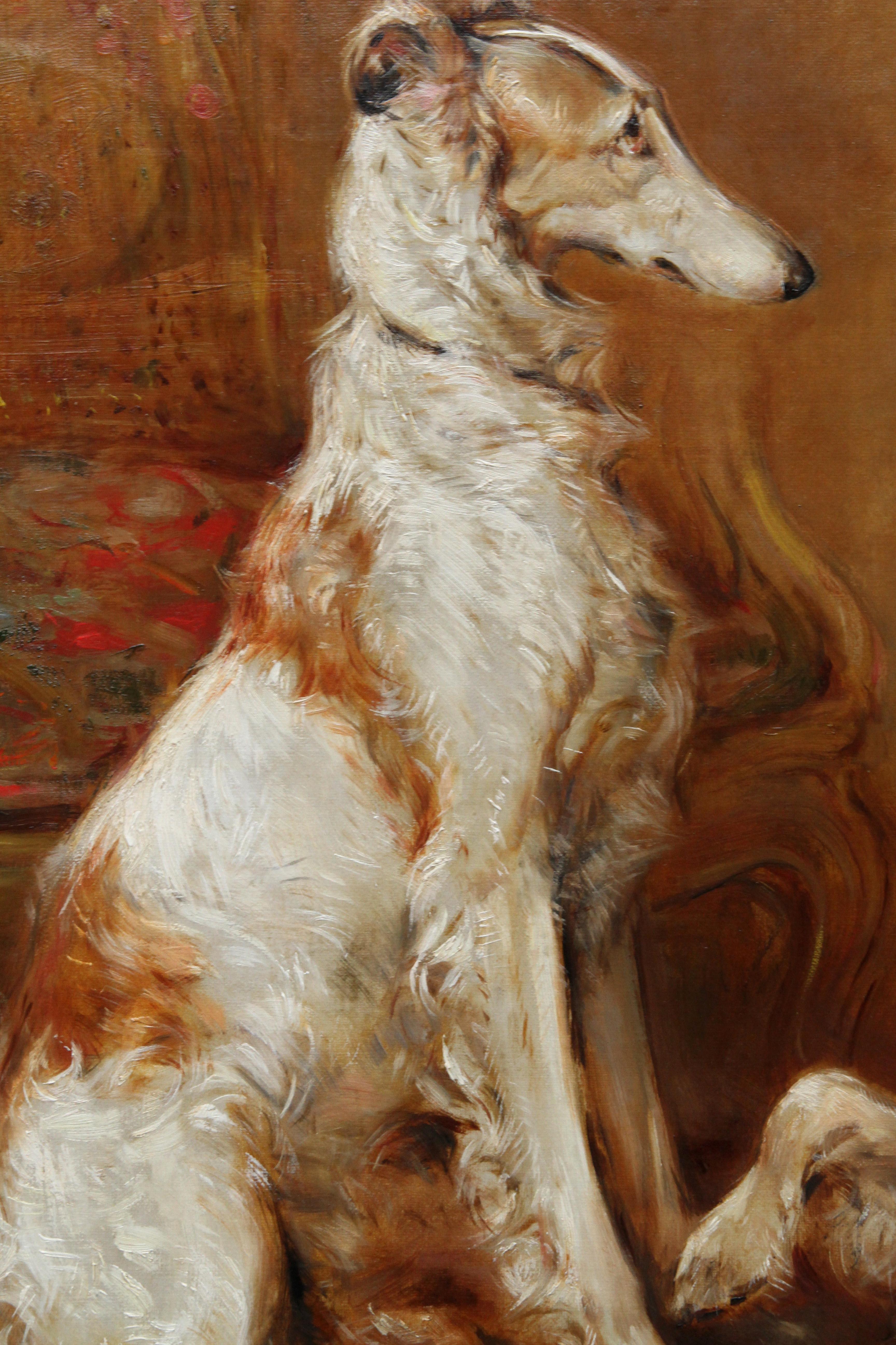 Two Borzoi Dogs in an Interior - British Edwardian Dog Art Interior Oil Painting - Brown Portrait Painting by Philip Eustace Stretton