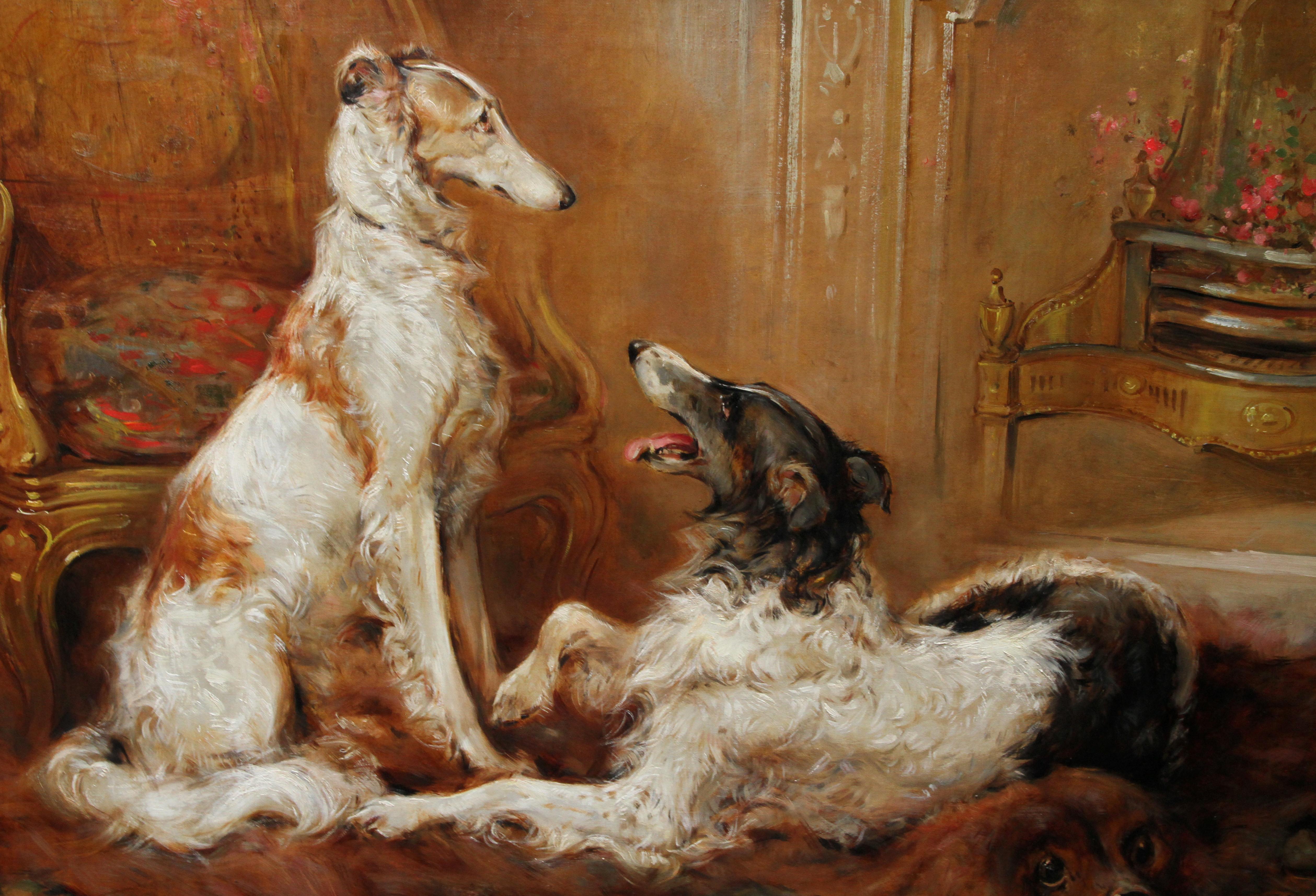 This charming Edwardian oil painting is by famous British animal artist Philip Eustace Stretton. This lovely portrait of dogs was painted in 1910 and is an excellent example of Stretton's sensitive portrayal of dogs and his detailed brushwork. The