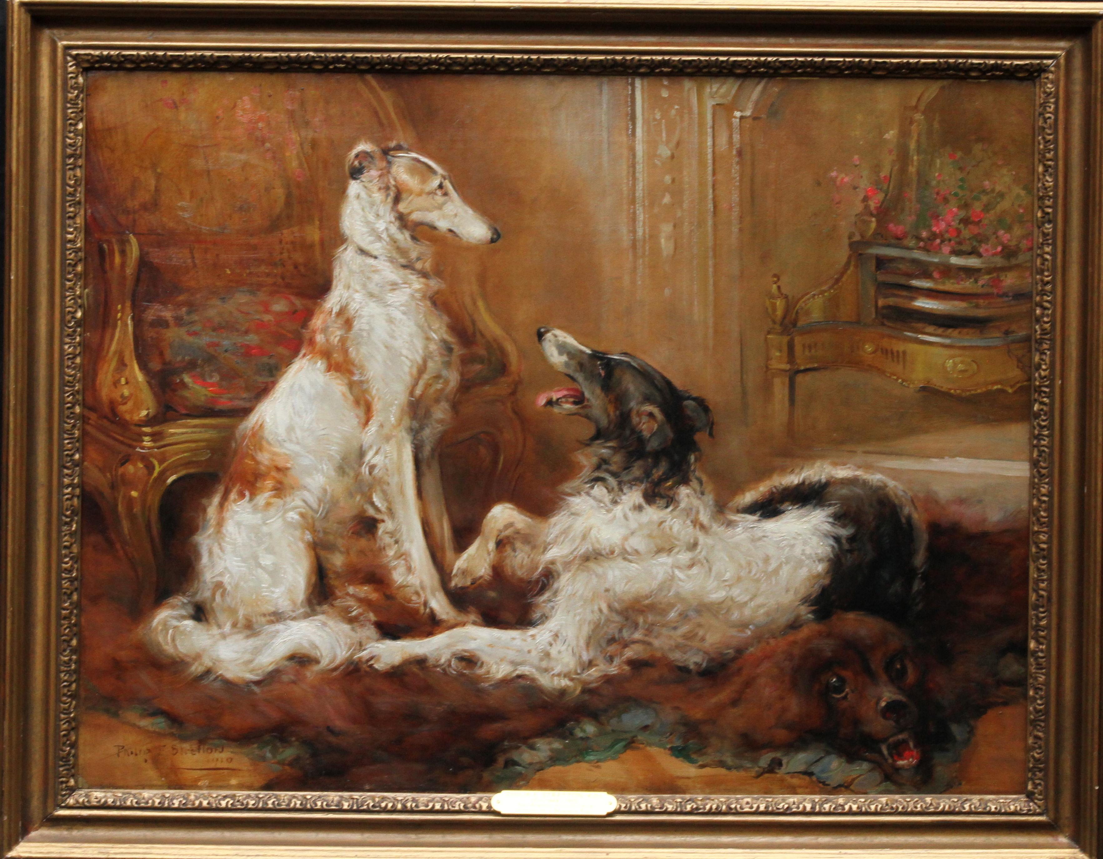Philip Eustace Stretton Portrait Painting - Two Borzoi Dogs in an Interior - British Edwardian Dog Art Interior Oil Painting