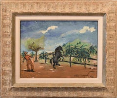 Cowboys & Mustang Horse Painting, Oil on Canvas, Mid-20th Century